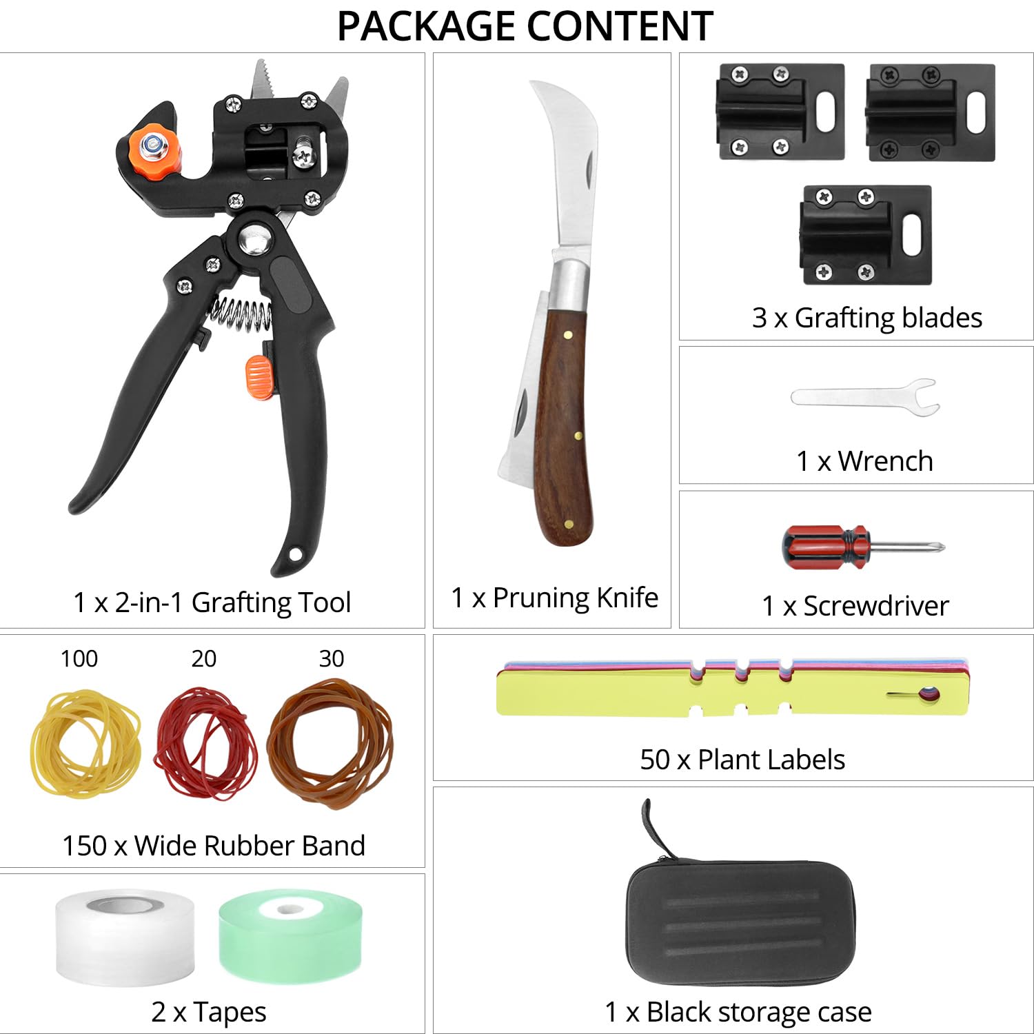 QWORK® Kit d'outils greffoir, Couteau de greffage et ciseaux de greffage avec 3 lames interchangeables et autres accessoires