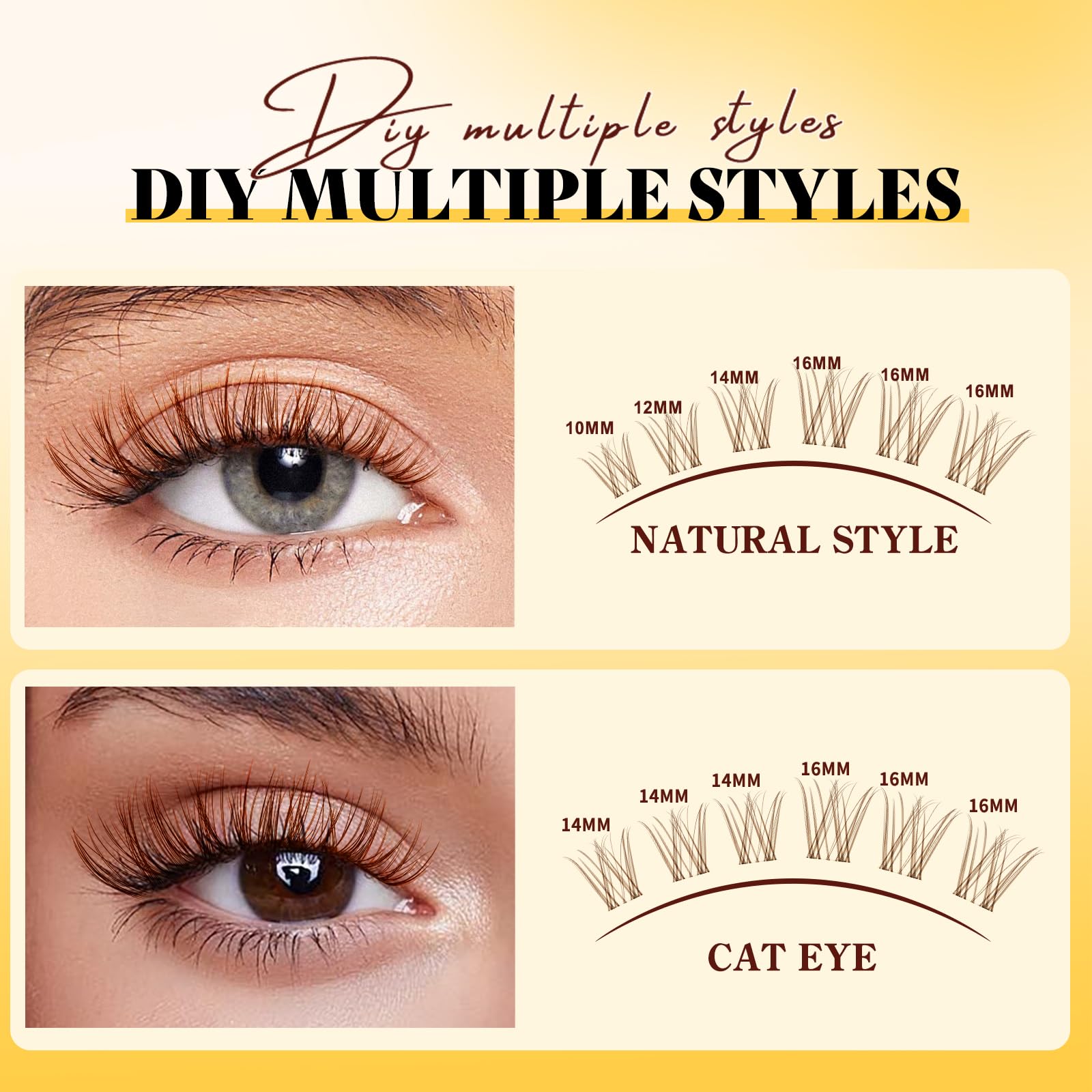 QUEWEL Fairy-Lash-Clusters Kit Cute Style, 144pcs Manga-Lash-Clusters Kit Mix10-18mm Wispy Natural Invisible Band Eyelash Clusters Kit for DIY Cluster Eyelash Extensions(Fairy 4 Set): Lash Kit-Brown Feather 4 Set