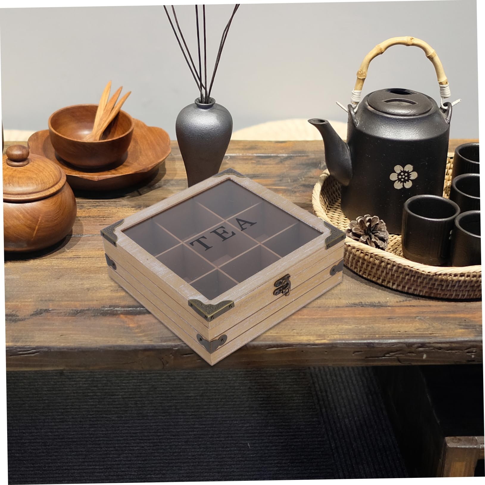 Caja Organizadora de Bolsitas de Té de Madera con Tapa de Vidrio 1pieza