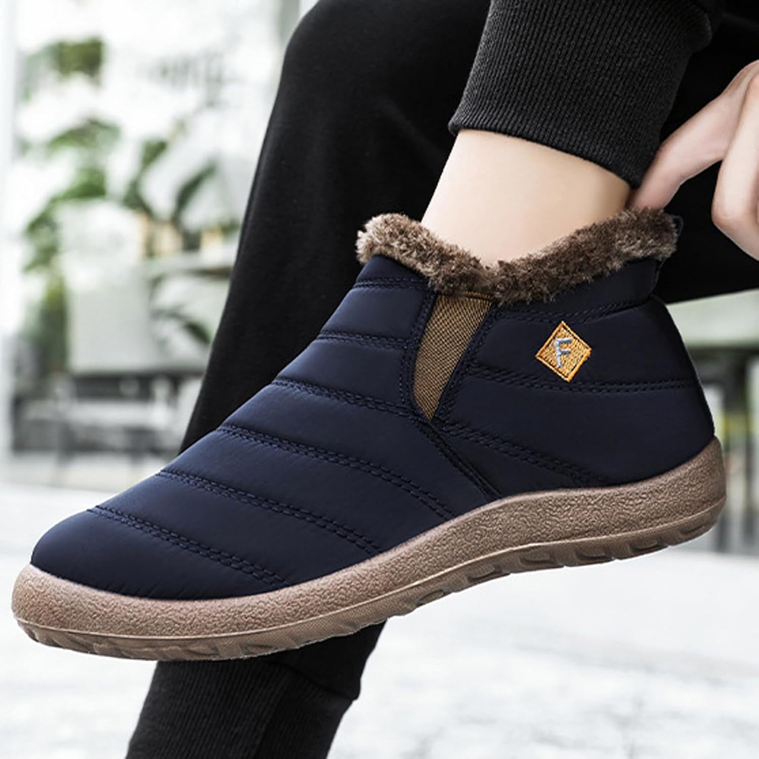 Men's Waterproof Slip On Snow Boots Comfort Warm Fur Lined Non Slip Outdoor Winter Booties Work Walking Lightweight High Top Cotton Shoes