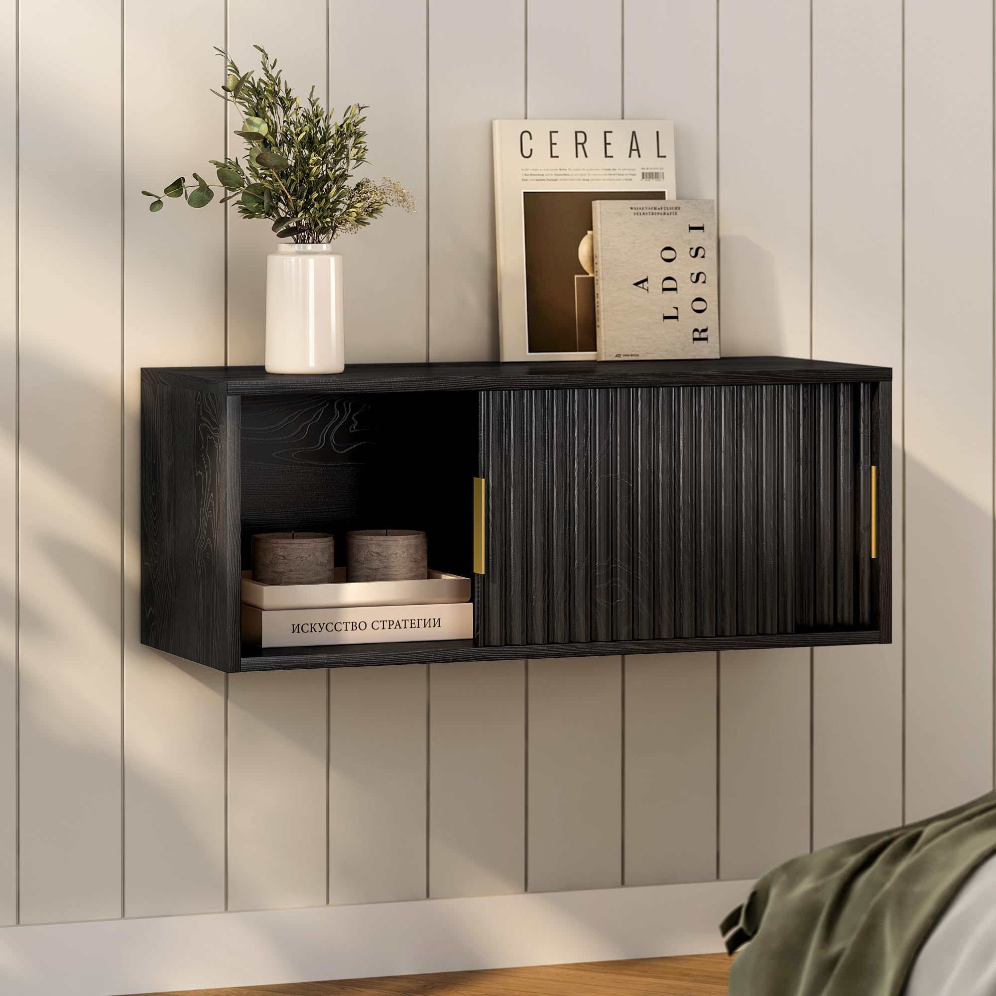 EYYTHUNG Floating Nightstand with Sliding Doors, Modern Large Night Stand Storage Shelf Wall Mounted Bedside Tables for Bedroom, Study Room Black