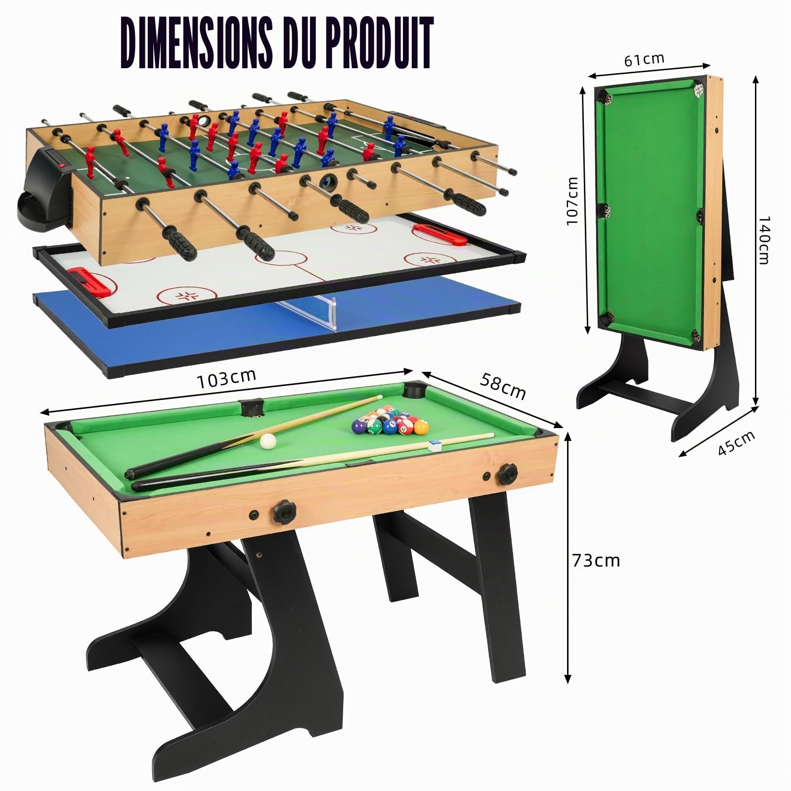 4FT Multifonction 10 en 1, Table combinée Baby-foot, Billard, Ping-pong, Hockey avec accessoires, Pieds pliables verticaux