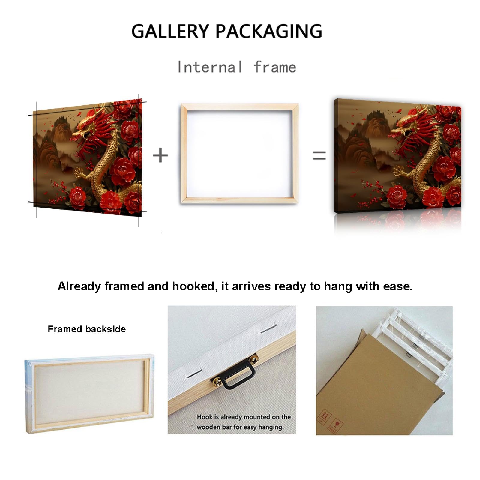 UIRINGART Pivoine rouge peinture sur toile impression dragon chinois motif affiches Art mural décor pour chambre salon salle à manger couloir bureau 60x80cm Cadre intérieur