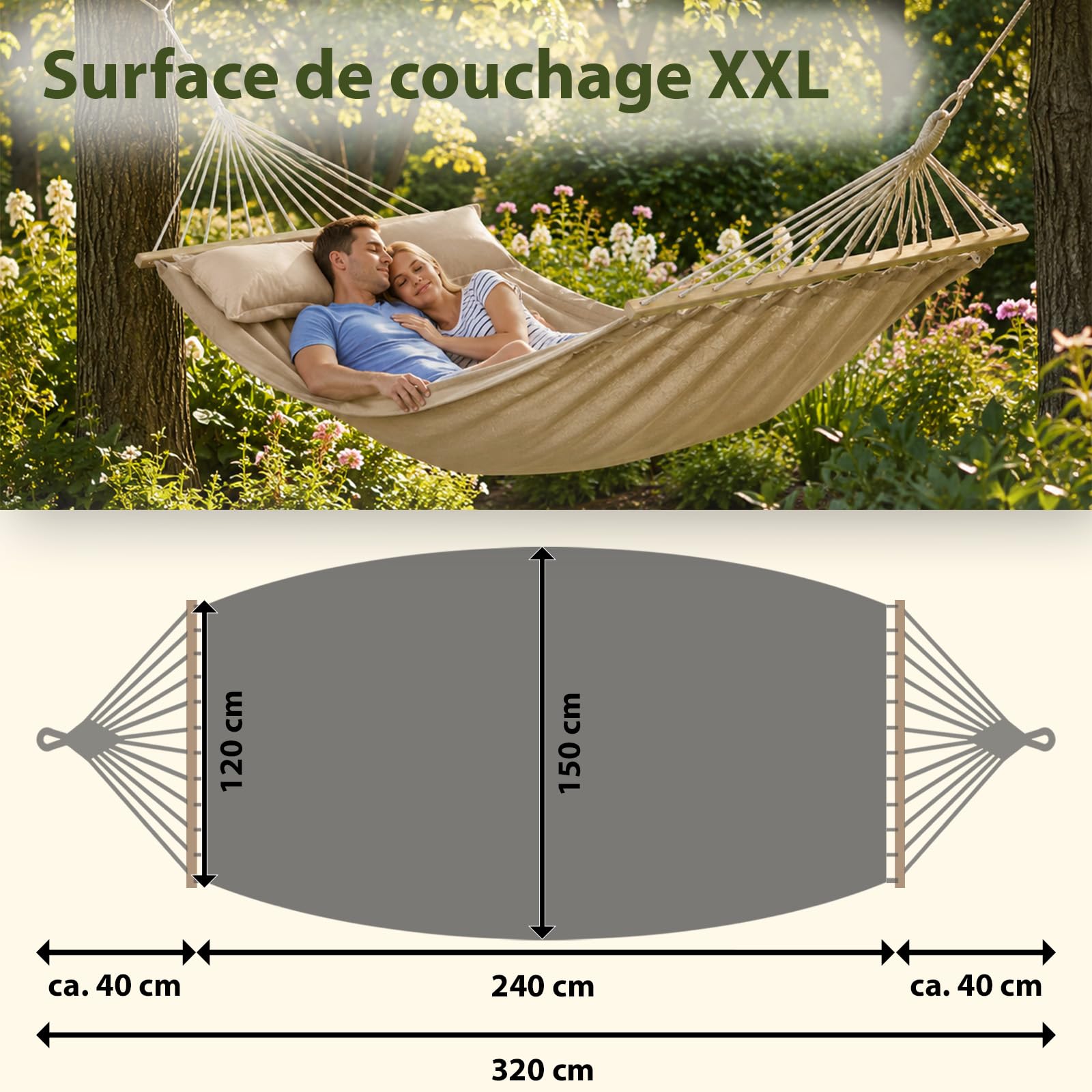 BB Sport Hamac Double Suspendu Barre Deux Personnes 240 x 150 cm Charge Max. 300 kg Couleur Plage