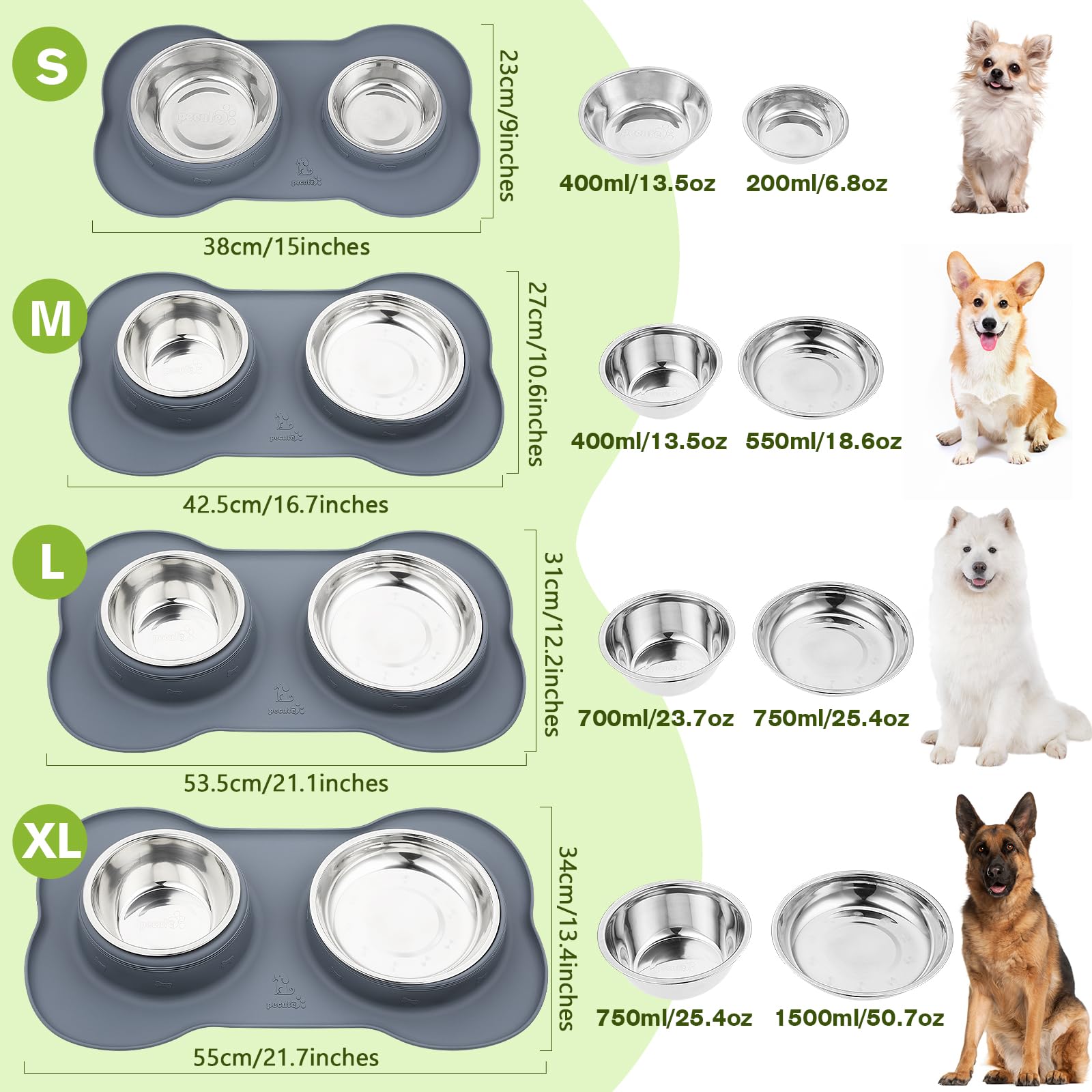 Pecute Comedero Perro y Gato, 3-in-1 Bebedero para Gatos Perros, Mascotas Pequeño de Acero Inoxidable Extraíble de Acero, Base de Silicona Antideslizante (400ml/13.5oz + 200ml/6.8oz)