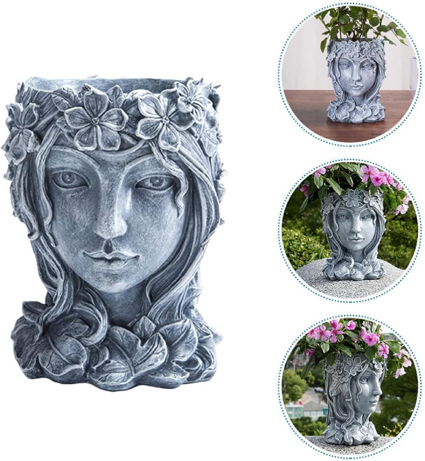 Face Flower Pot Head Face Planter, Goddess Succulent Pot Cute Resin Planter with Drainage Hole for Indoor Outdoor Plants (A-Grey)