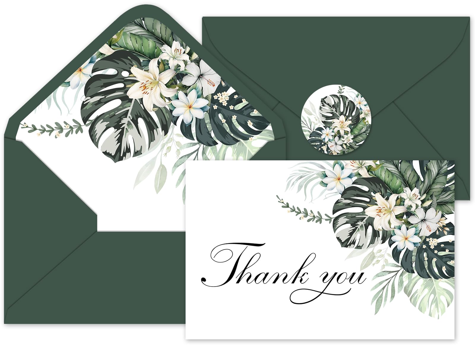 Whaline 36 Pcs Summer Thank You Cards with Envelopes and Stickers Monstera Sage Greeting Cards Watercolor Boho Palm Tree Blank Note Card for Weddings