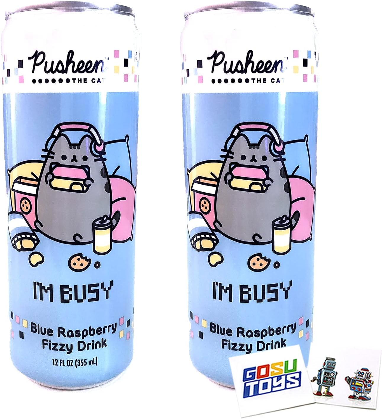 Pusheen Im Busy Blue Raspberry Fizzy Drink (2 Pack) with 2 Gosutoys Stickers