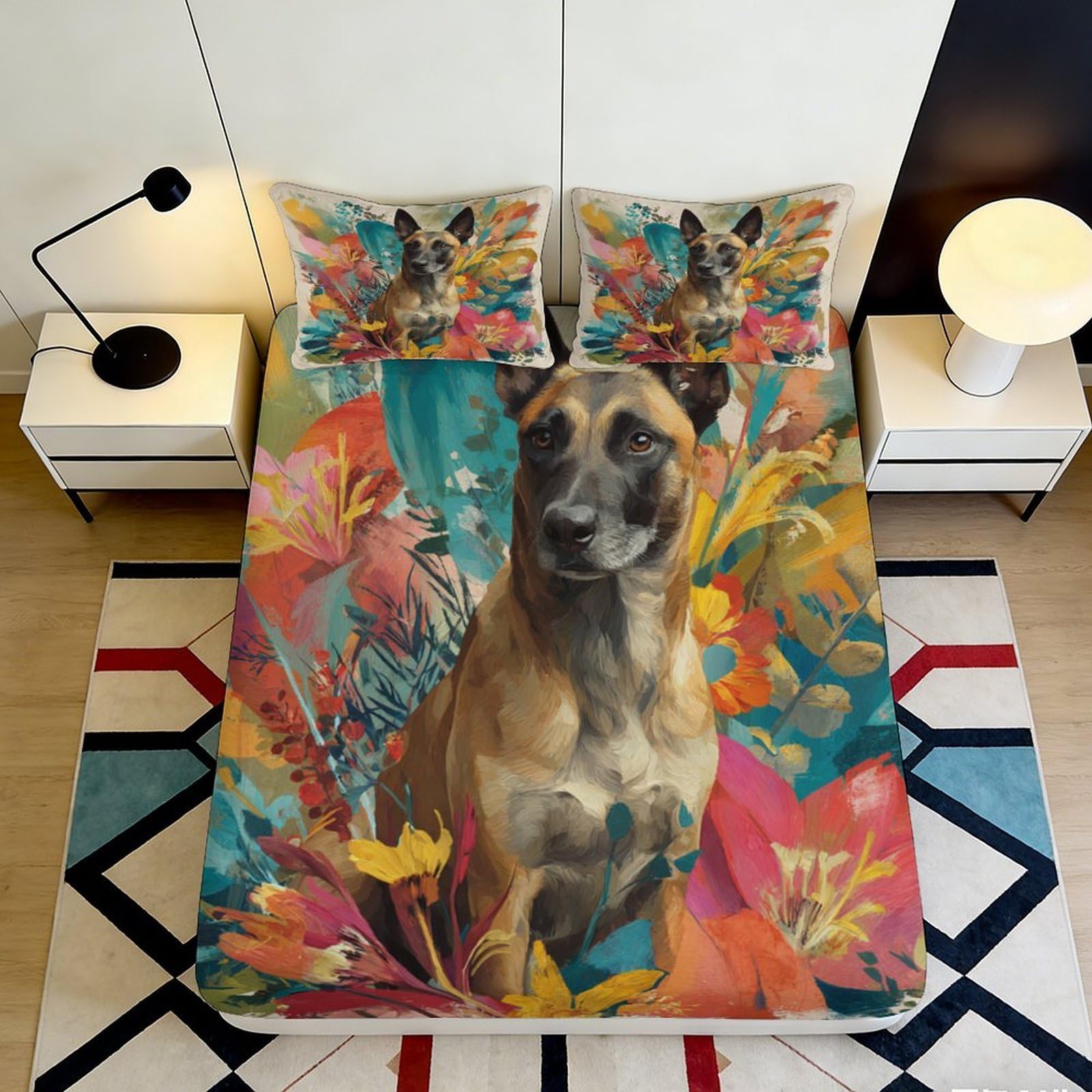 3D Printed Belgian Malinois Fitted Sheet Microfiber Floral Bed Cover for Bedroom Guest Room Mattress Protection Decor 90x200x25cm