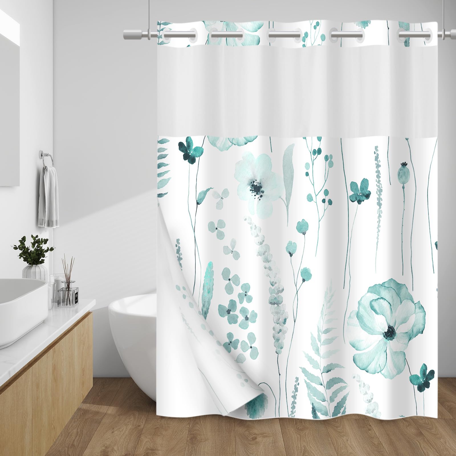 WITHLOC No Hook Shower Curtain with Snap in Liner - Floral Shower Curtain - Fabric Waterproof Inner Liner, Plants Watercolor Seaweed Green Modern Cloth Shower Curtains - Machine Washable, 71 x 74
