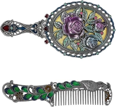 Beavorty Antique Hair Brush Vintage Hand Mirror Comb Set: Portable Makeup Mirror Pocket Cosmetic Mirror Chinese Ancient Small Round Mirror Double-Sided for Woman Girl Princess Mirror