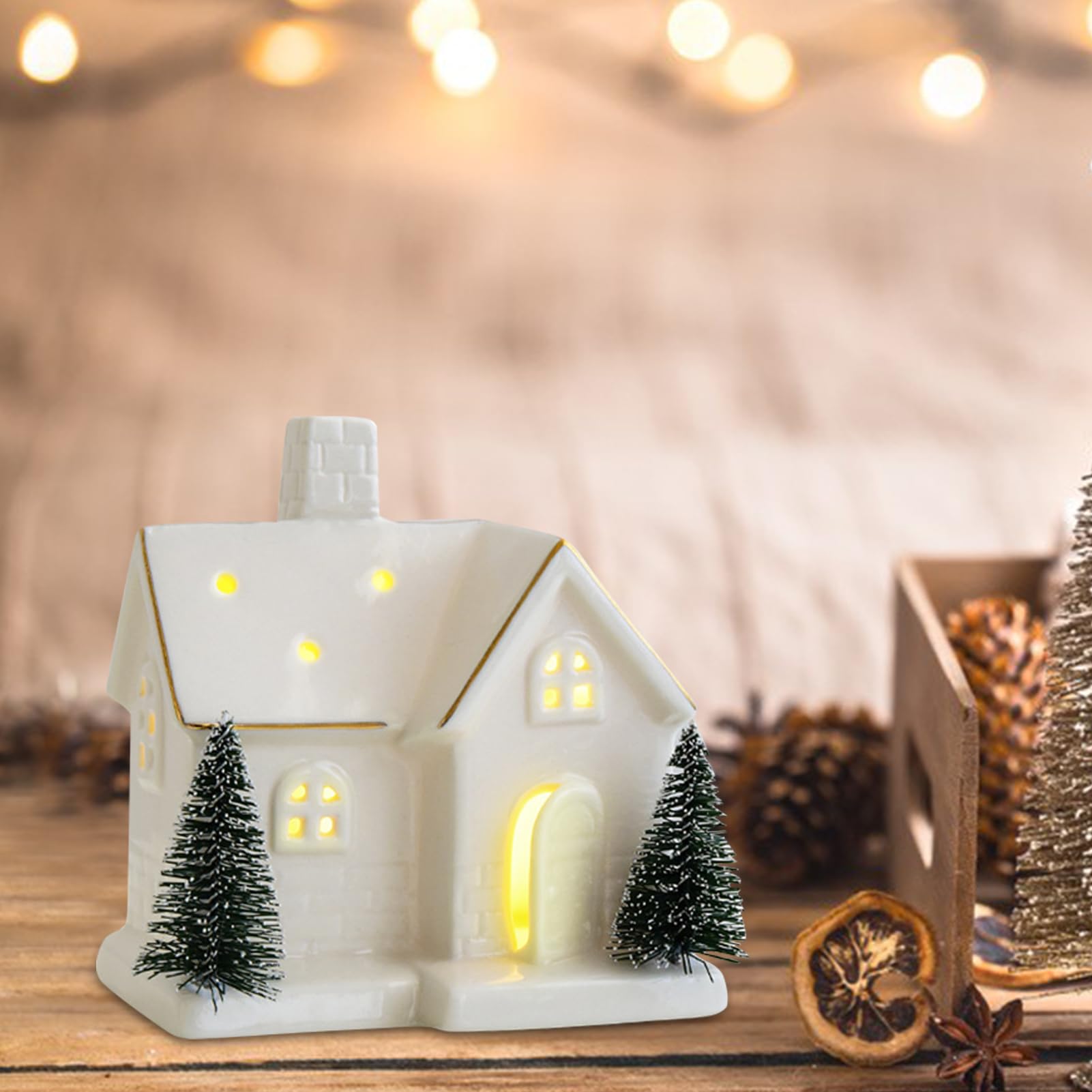 Weihnachtsdeko Porzellan Häuser Weiß, Weihnachtshaus Beleuchtet Lichthaus Keramik, Lichthaus Weiss Weihnachtsdorf Mit Batteriebetriebenen LED Leuchten Weihnachten (E+F)