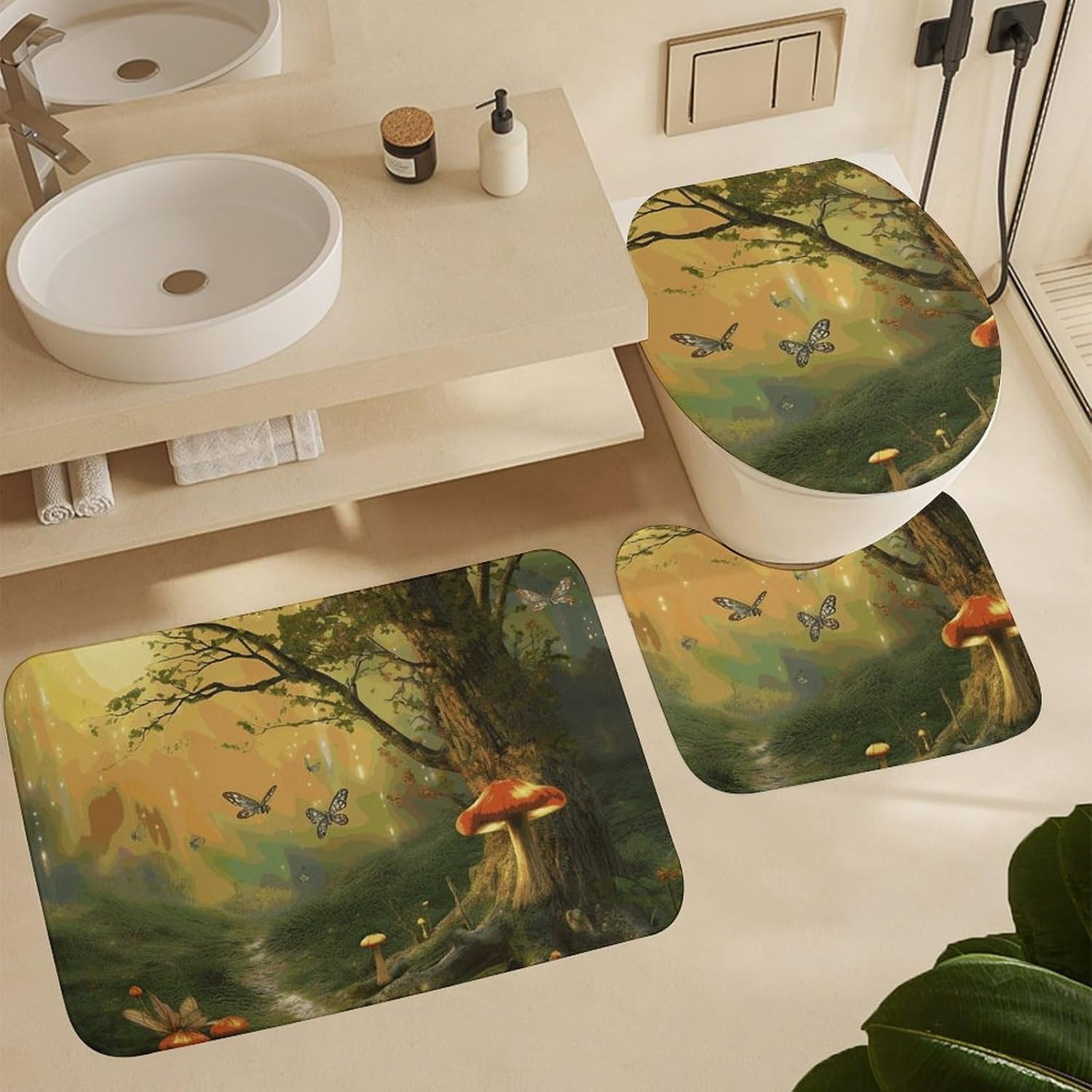 Anti-Skid Floor Mats 3 Piece Set,Forest with Fairies Butterflies Elves Printed Coral Fleece Bathroom Mats U-Shaped Contour Mat Toilet Seat Cover for Bathroom, Tub, Shower, Kitchen 19.7"x31.5"