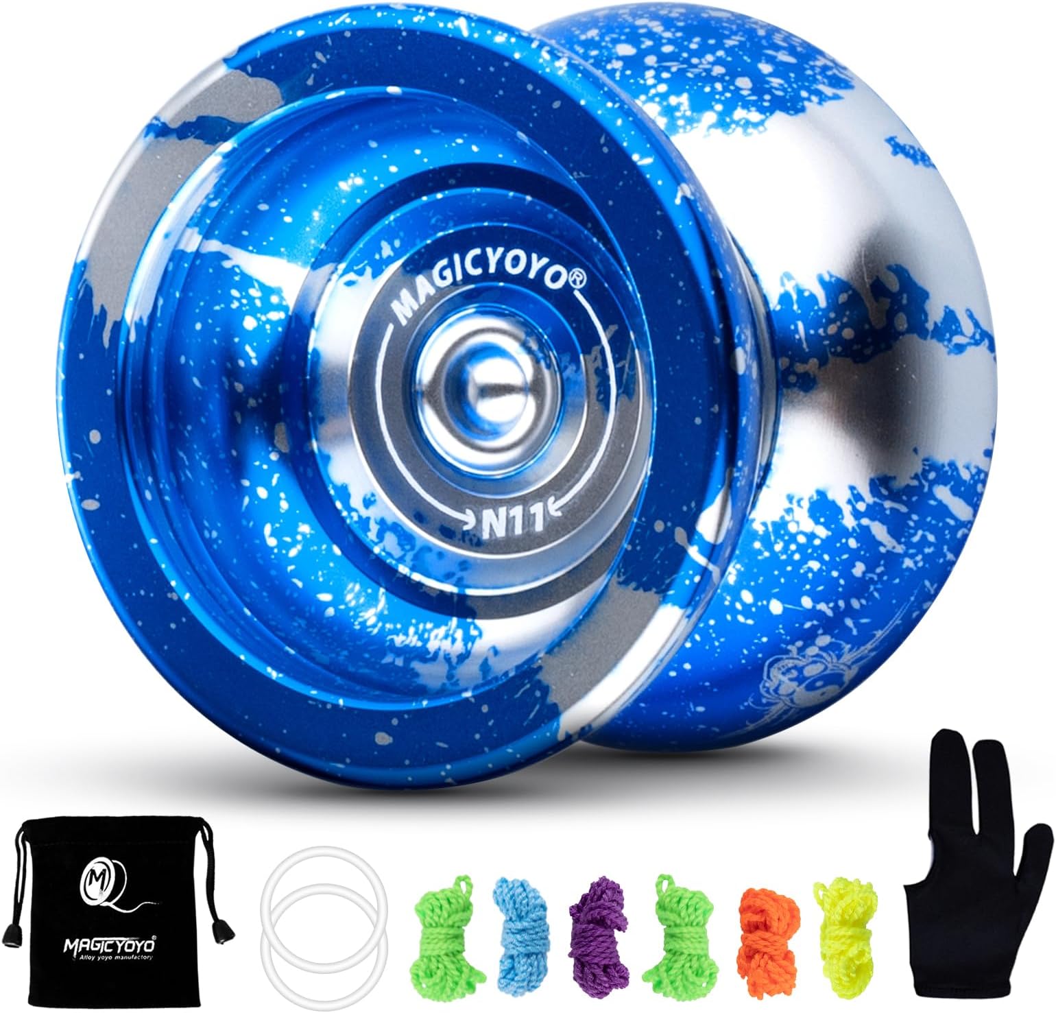 MAGICYOYO N11 Professional Yoyo Unresponsive Yo-yo for Intermediate Advanced, Alloy Aluminum Yoyo Toy with 6 Yoyo Strings, Bag, Glove (Blue & Sliver)