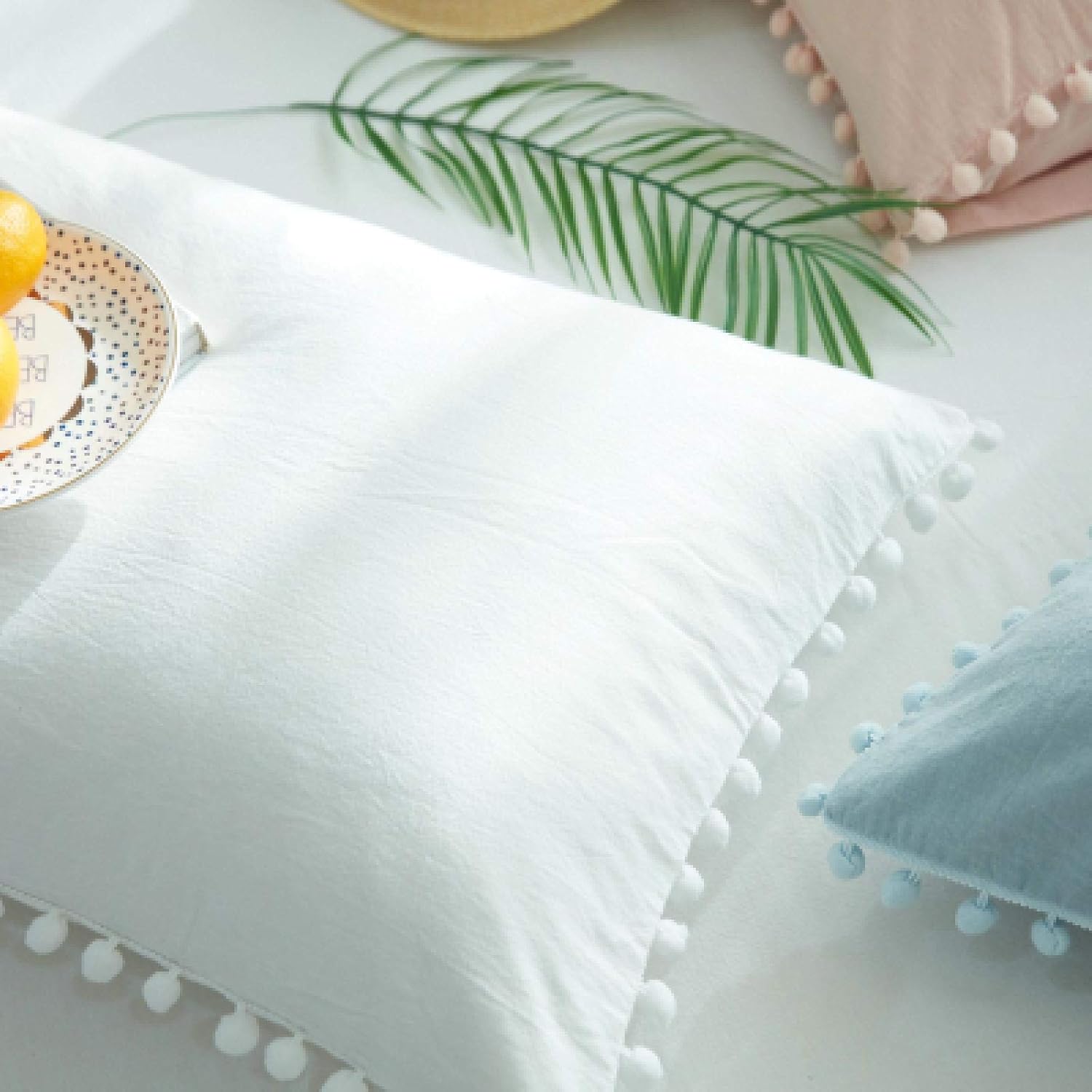 Washed Cotton Single Pillowcase White/Pink Bedroom Decorative Cute Ball Side Pillow Cases Girls Room Pillow Cover 48X74CM pinkstriped1pc