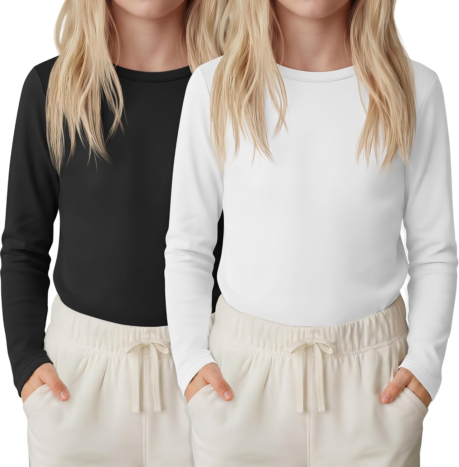 2 Pack Girls' Long Sleeve Shirts Kids Slim Fit Crewneck Tops Fall Soft Basic Undershirts Casual Layer Tees 5-14 Y
