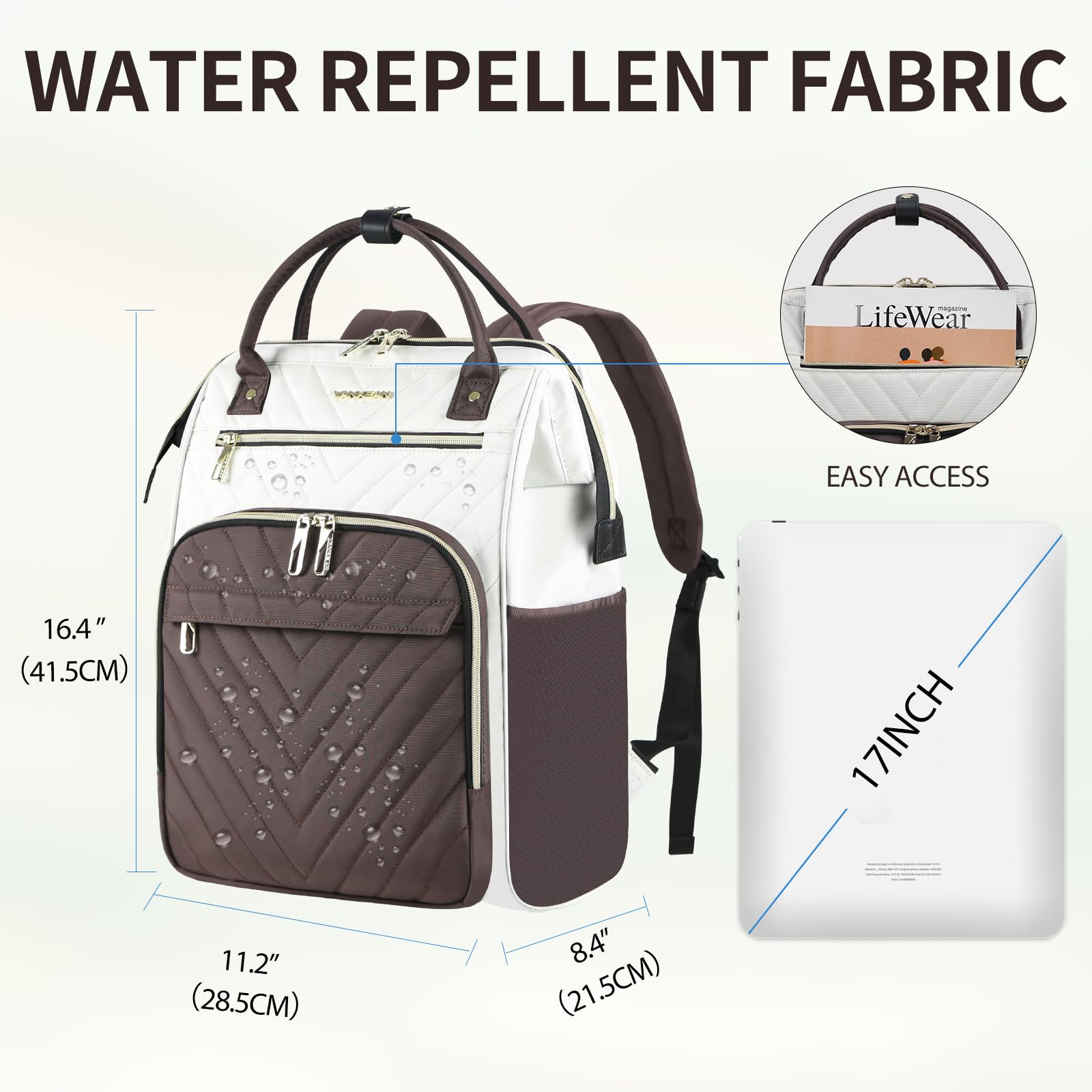VANKEAN Mochila para ordenador portátil para mujer, bolsa de trabajo 15.6" | mochila impermeable de gran capacidad, mochila escolar, mochila de viaje de negocios, Beige-café Mochilas tradicionales