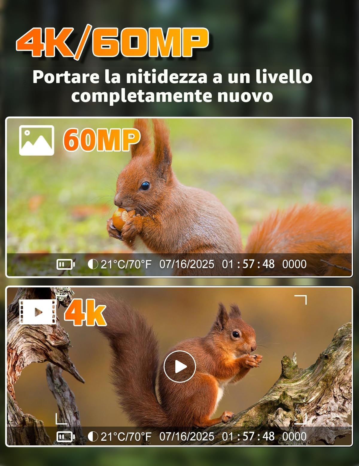 Fototrappola 4K 60MP Infrarossi Invisibili 130° IP66 940nm IR LED 32GB