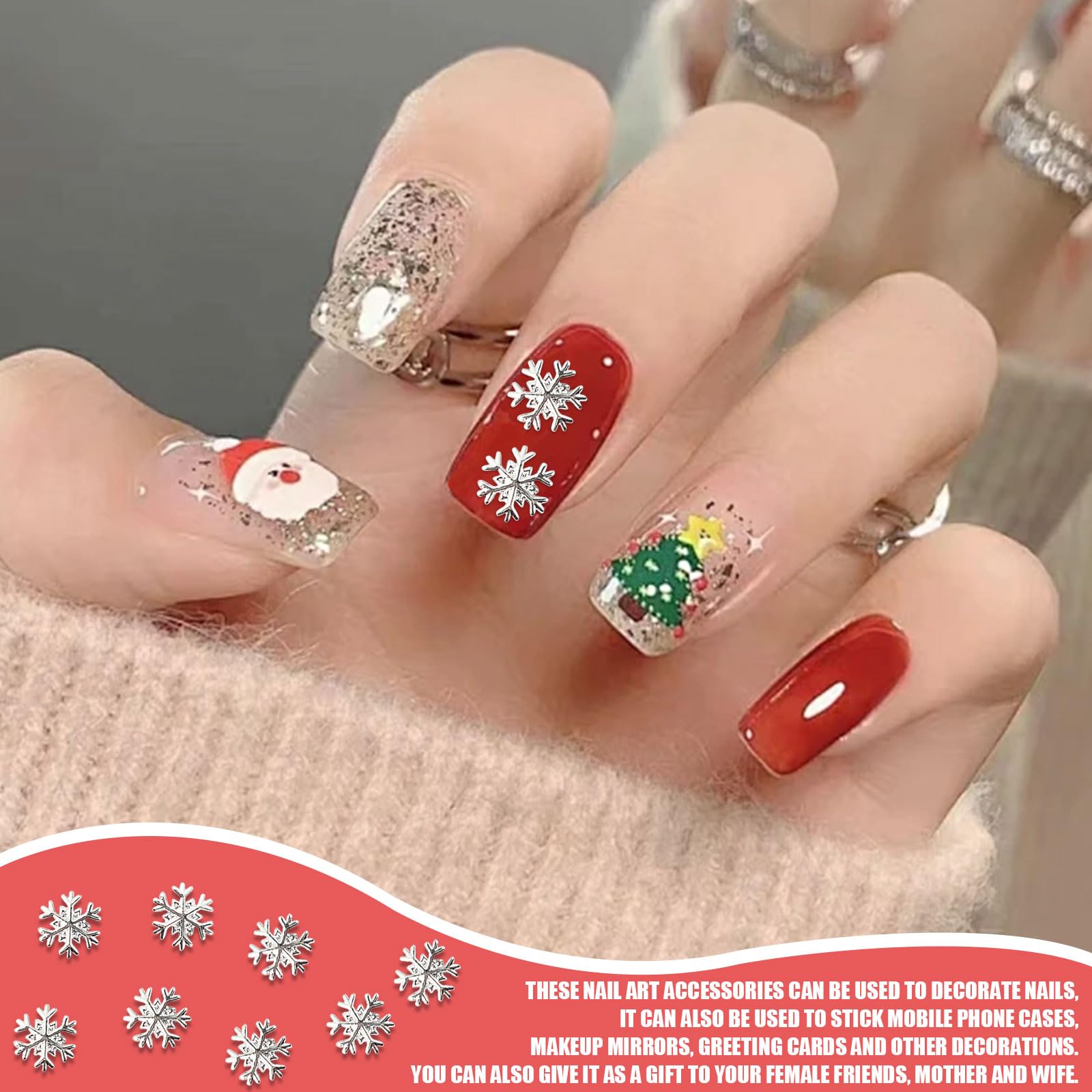 Christmas Snowflake Nail Charm,100Pcs Silver Snowflake Nail Art Gems and Charms,Metal Alloy Snowflake Nail Decorations Nail Rhinestones for Women Girls Manicure Design DIY Crafts - Image 4