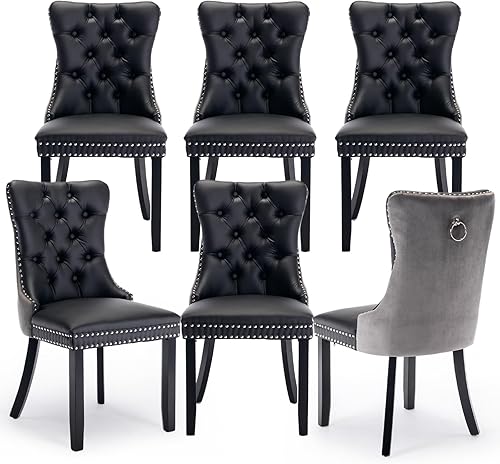 Miniatura 103 de Juego de 6 Sillas de Comedor Tapizadas en Terciopelo, Sillas Laterales de Cocina de Estilo Moderno con Ribete de Tachuelas y Patas de Madera, Anillo