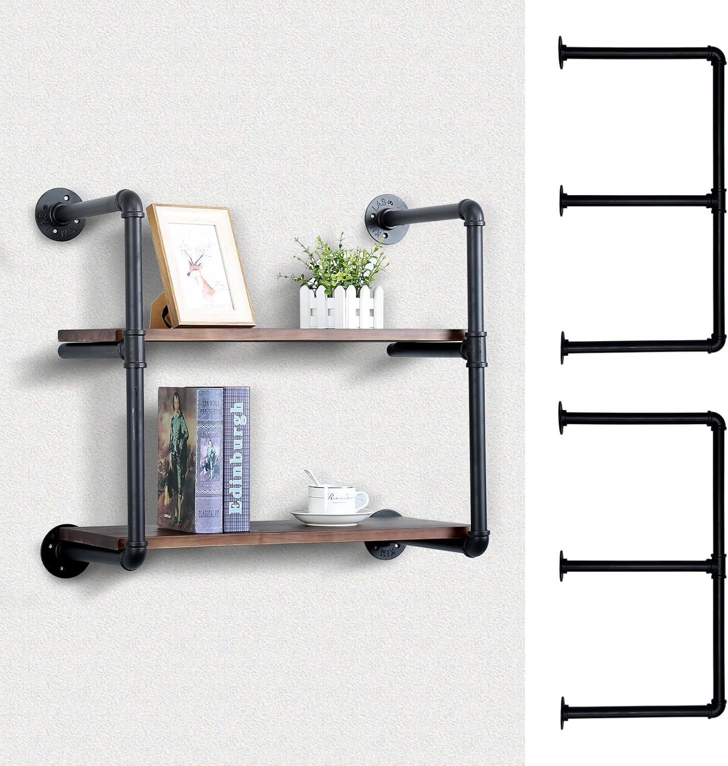 Industrial Pipe Shelving Wall Mounted,Black Pipe Shelves Iron Pipe Shelf Bracket,Wall Shelves(2Pcs X 5Tier,55" Tall,14" Deep,Hardware Only)