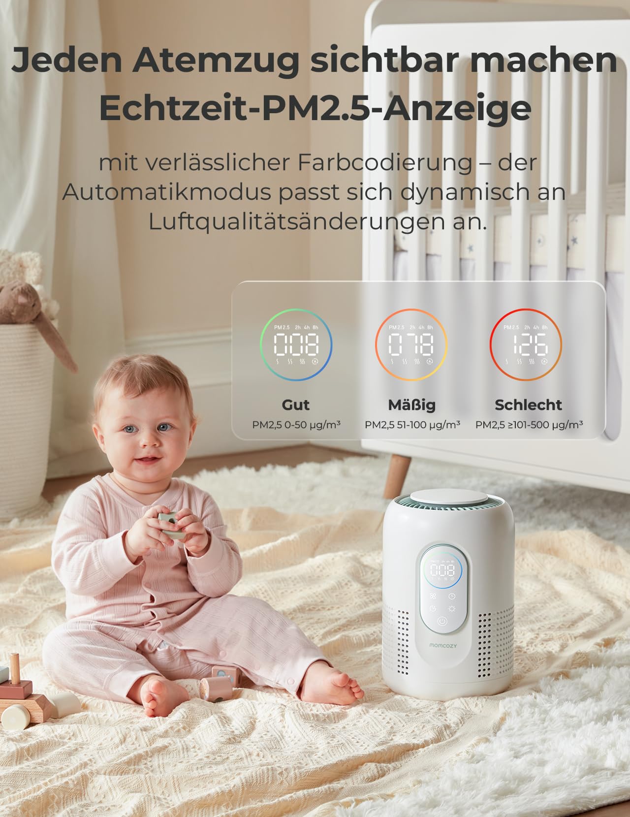 Momcozy Luftreiniger für das Kinderzimmer, 4-Filtersystem mit H13 HEPA- und Aktivkohlefilter, Echtzeit-PM2,5-Luftqualitätsüberwachung, 21 dB Schlafmodus, Leise für Allergiker gegen Staub | Luftreiniger mit 4 Geschwindigkeiten, Schlafmodus 21 dB, verstellb