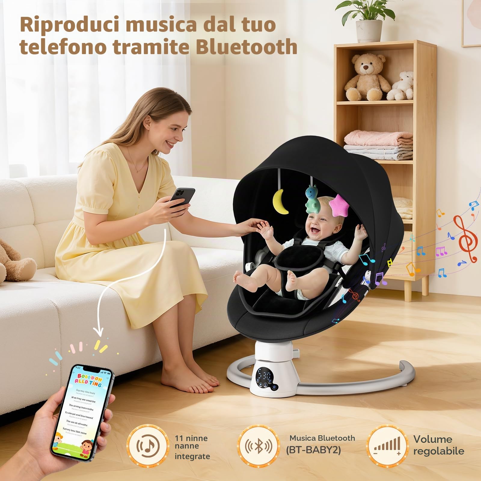Sdraietta Elettrica per Bebè con App e Telecomando, Hamaca Elettrica fino a 9 kg con 5 Velocità di Oscillazione, 3 Timer, 11 Canzoni, Cinture di Sicurezza a 5 Punti, 2 Posizioni Seduta - Nero