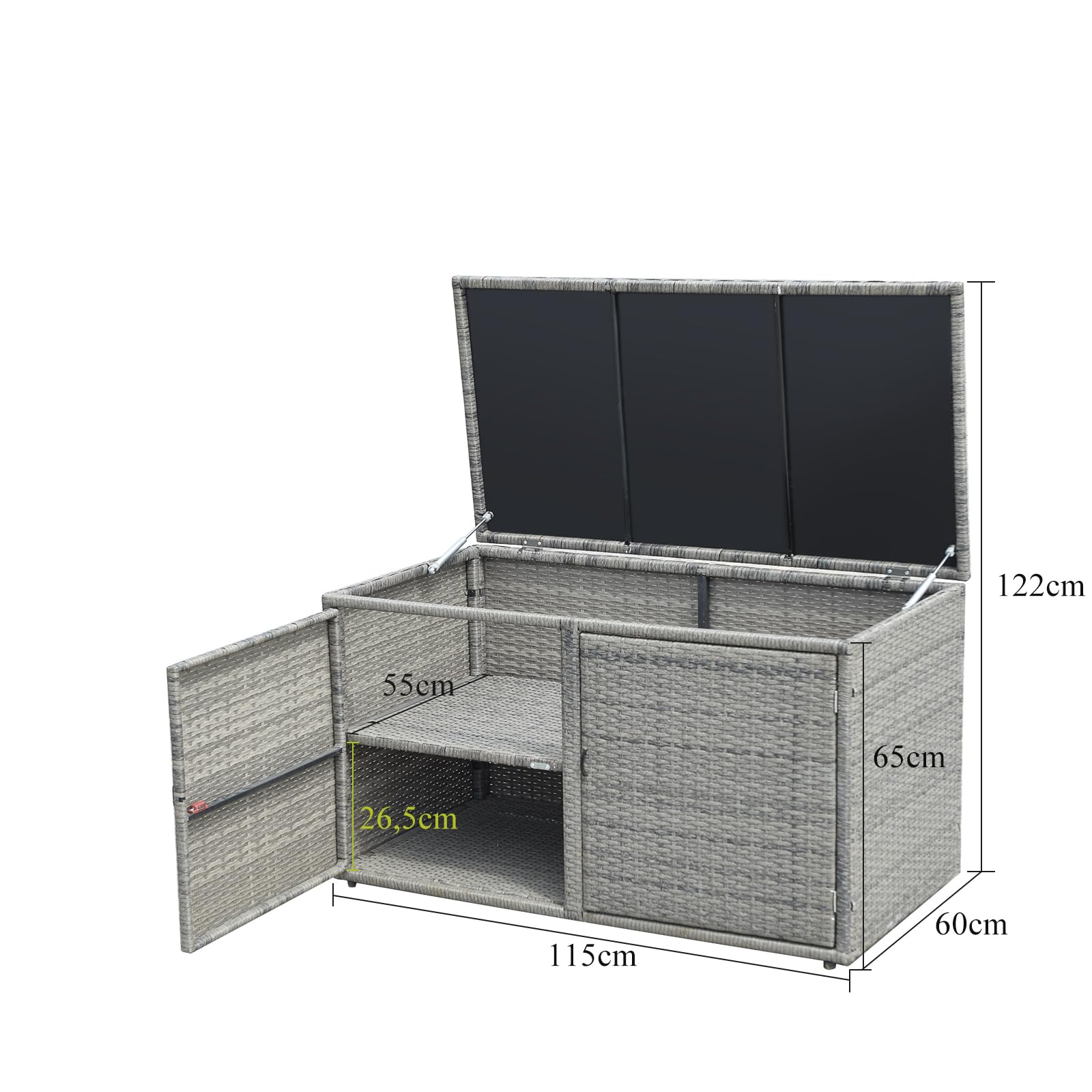 LIFEZEAL Caja de almacenaje de 2 niveles de ratán PE, Baúl grande con 2 puertas y tapa, Armario para jardín, balcón, piscina, salón, interior exterior, 115x60x65 cm (Gris)