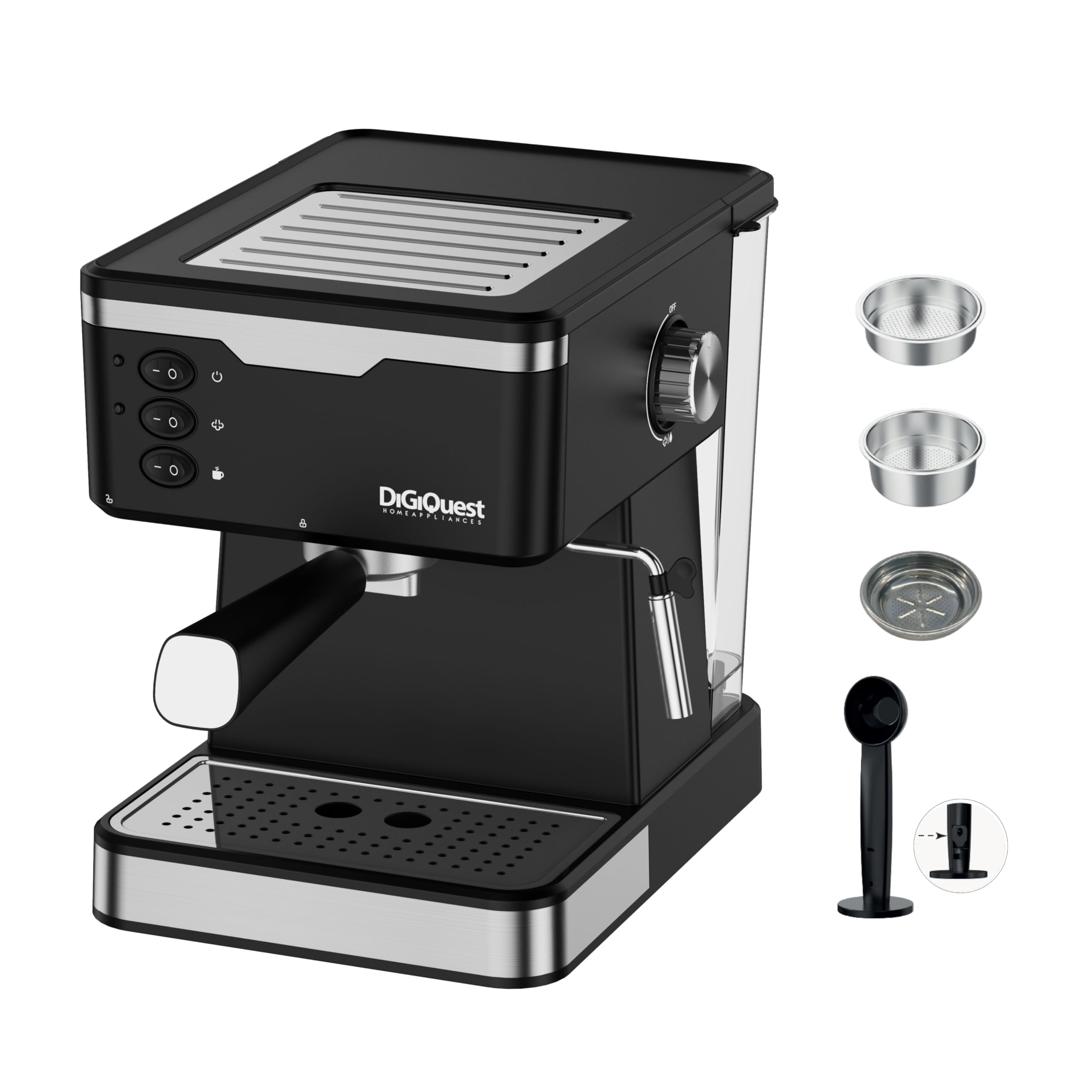 DIGIQUEST Pocia Coffy Macchina da Caffè Espresso | 20 Bar | Compatibile con Caffè in Polvere e Cialde | Funzione Cappuccino, Vapore e Acqua Calda