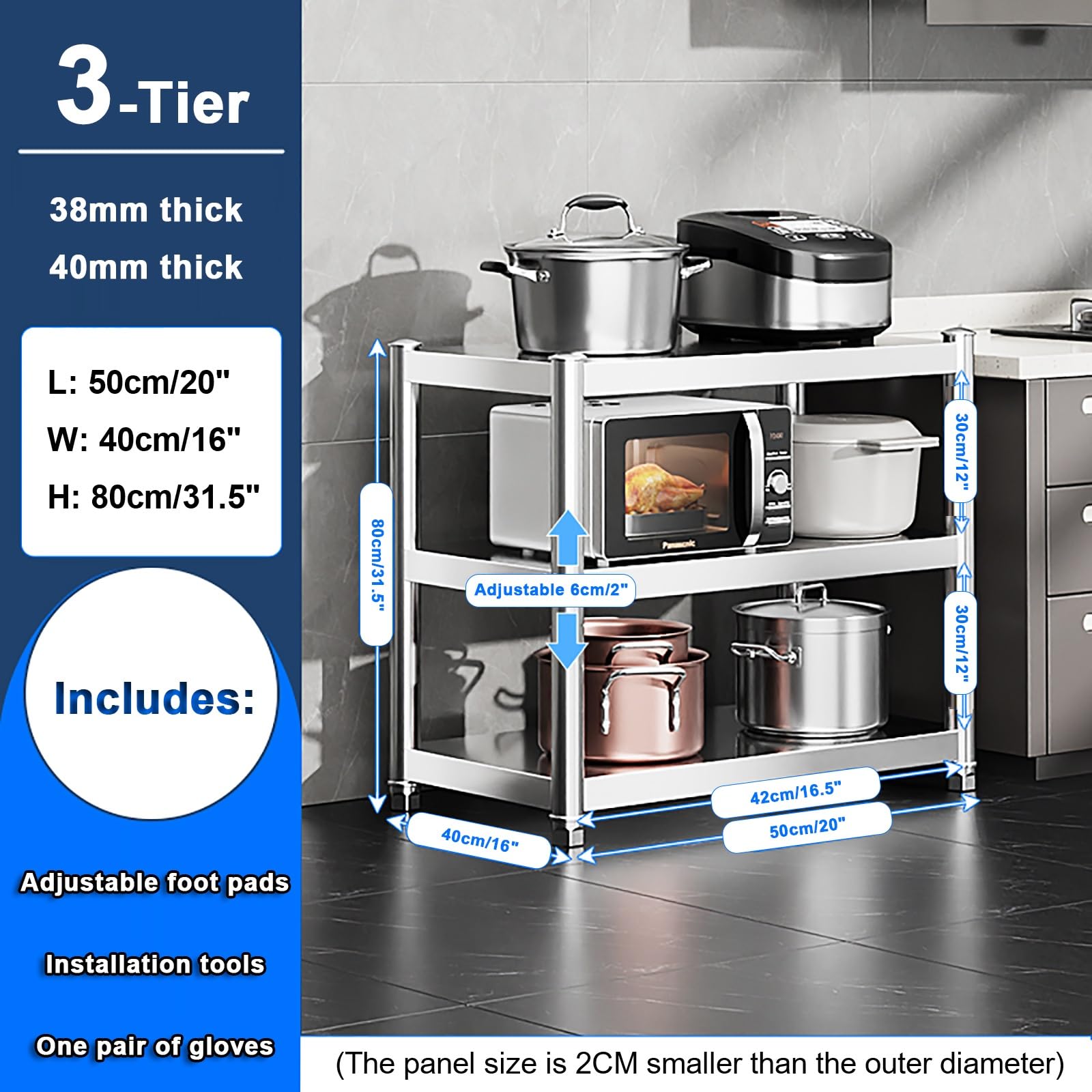 Mesa de preparación de acero inoxidable con almacenamiento de 3 niveles, isla de cocina duradera para un espacio de trabajo eficiente, ideal para hornear y cocinar