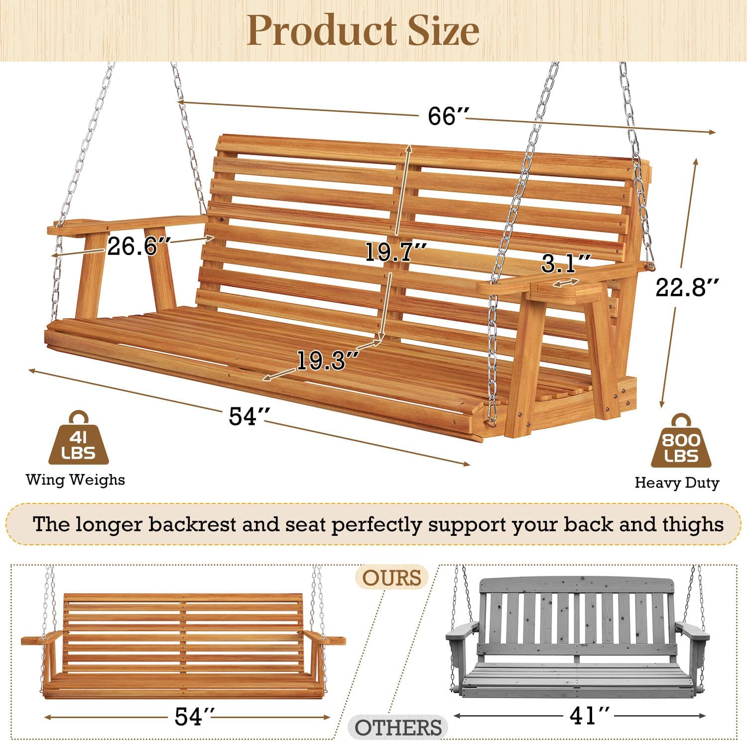 U-MAX 5.5FT Wooden Porch Swing, Patio Swing with Cup Holders & Chains, 880Lbs Weight Capacity Outdoor Swing Chair Bench for Courtyard & Garden