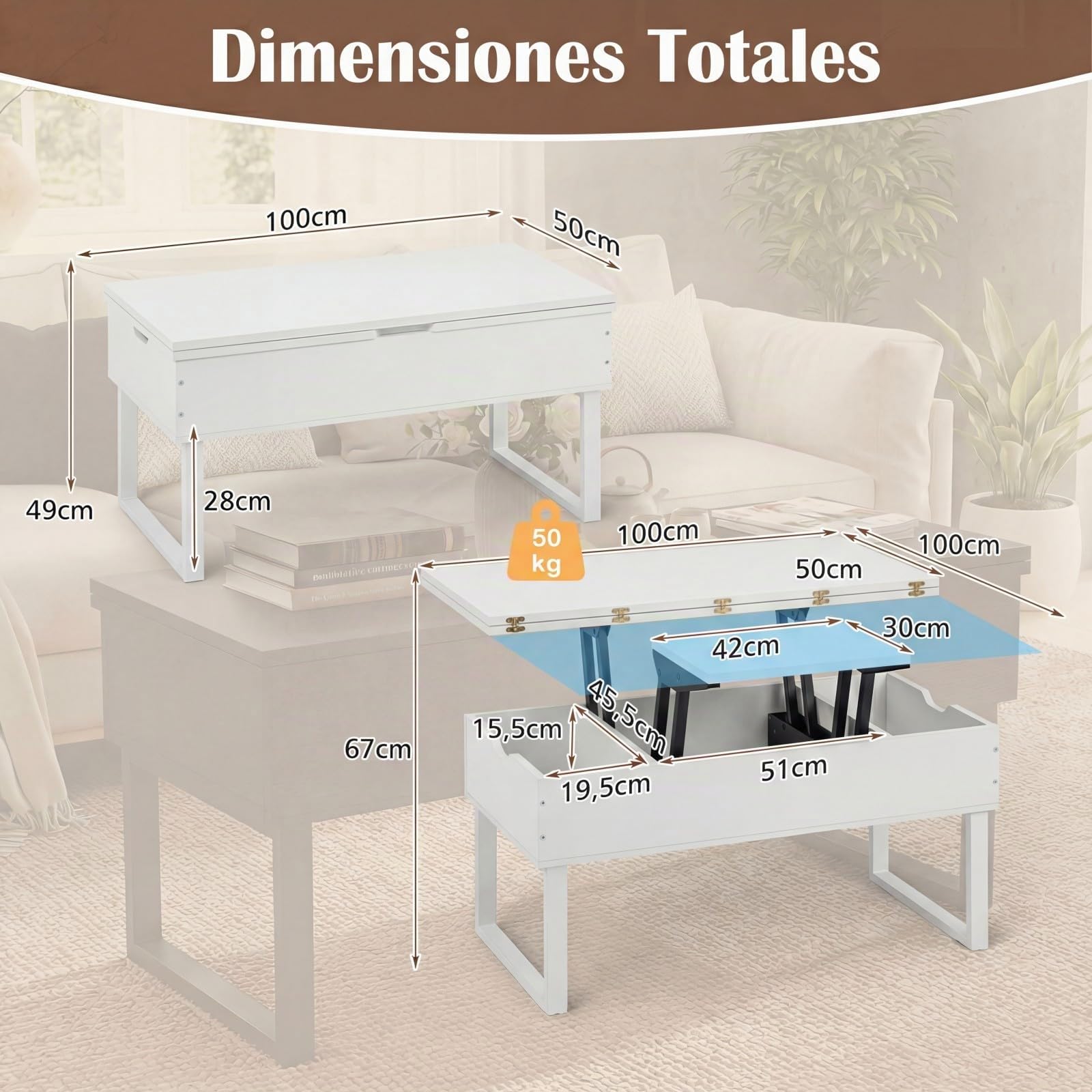 COSTWAY Mesa de Centro Elevable 3 en 1, Mesa Central Convertible con 3 Compartimentos Ocultos, Mueble de Comedor, Mesas de Cóctel de Madera para Salon, Oficina, 100 x 50 cm (Blanco)