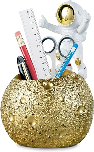 Kimdio Soporte para bolígrafo, soporte de astronauta para soporte de lápices de escritorio, organizador de luna de escritorio de resina, accesorios