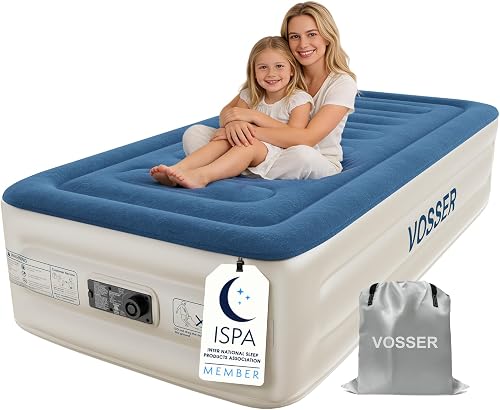 VOSSER Twin Air Mattress with Built-in Pump,Fast & Easy Inflation/Deflation Inflatable Mattress, Foldable Blow Up Mattress with Storage Bag, Inflatable Bed for Home, Camping & Guests