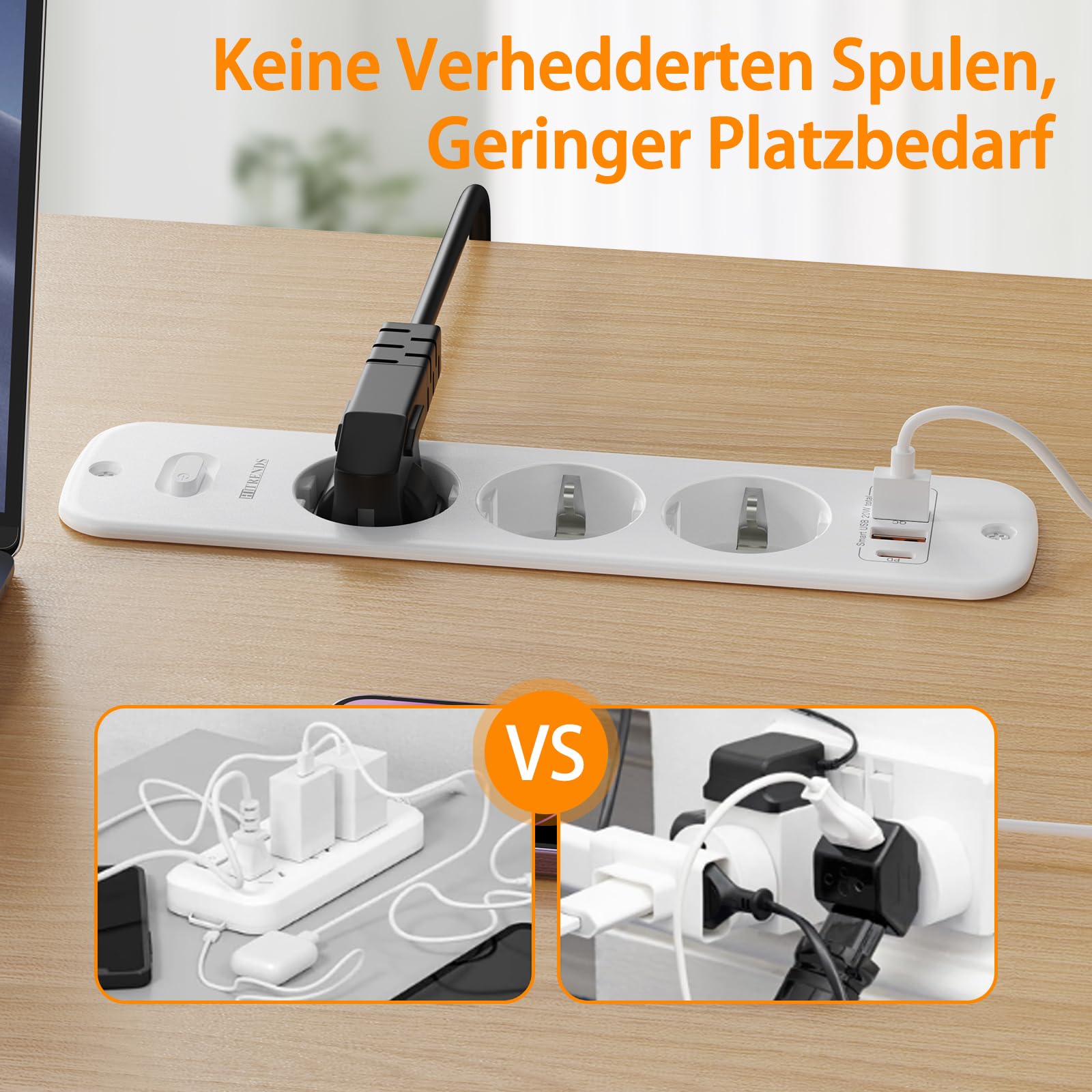 Tafelblad, verzonken stopcontact met USB C, 3-voudige inbouwstopcontact