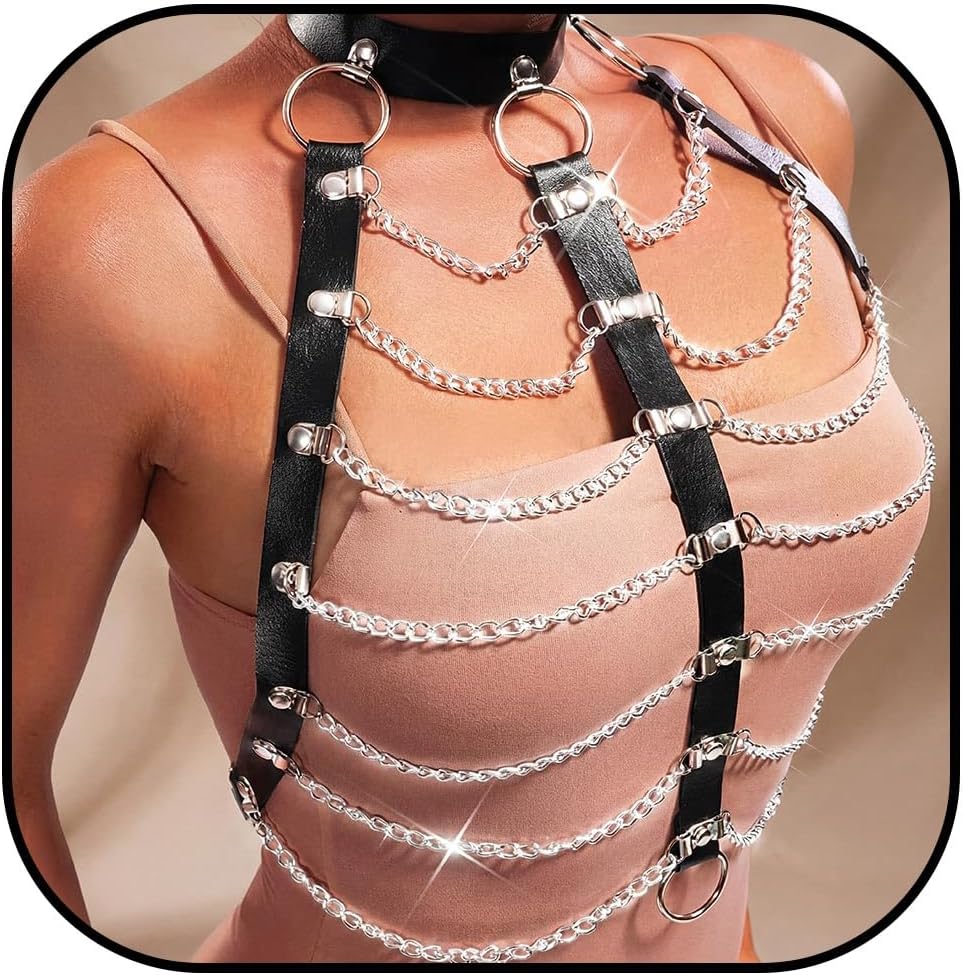 REETAN Leather Chest Harness Chain Gothic Rave Black Fashion Body Accessories for Women