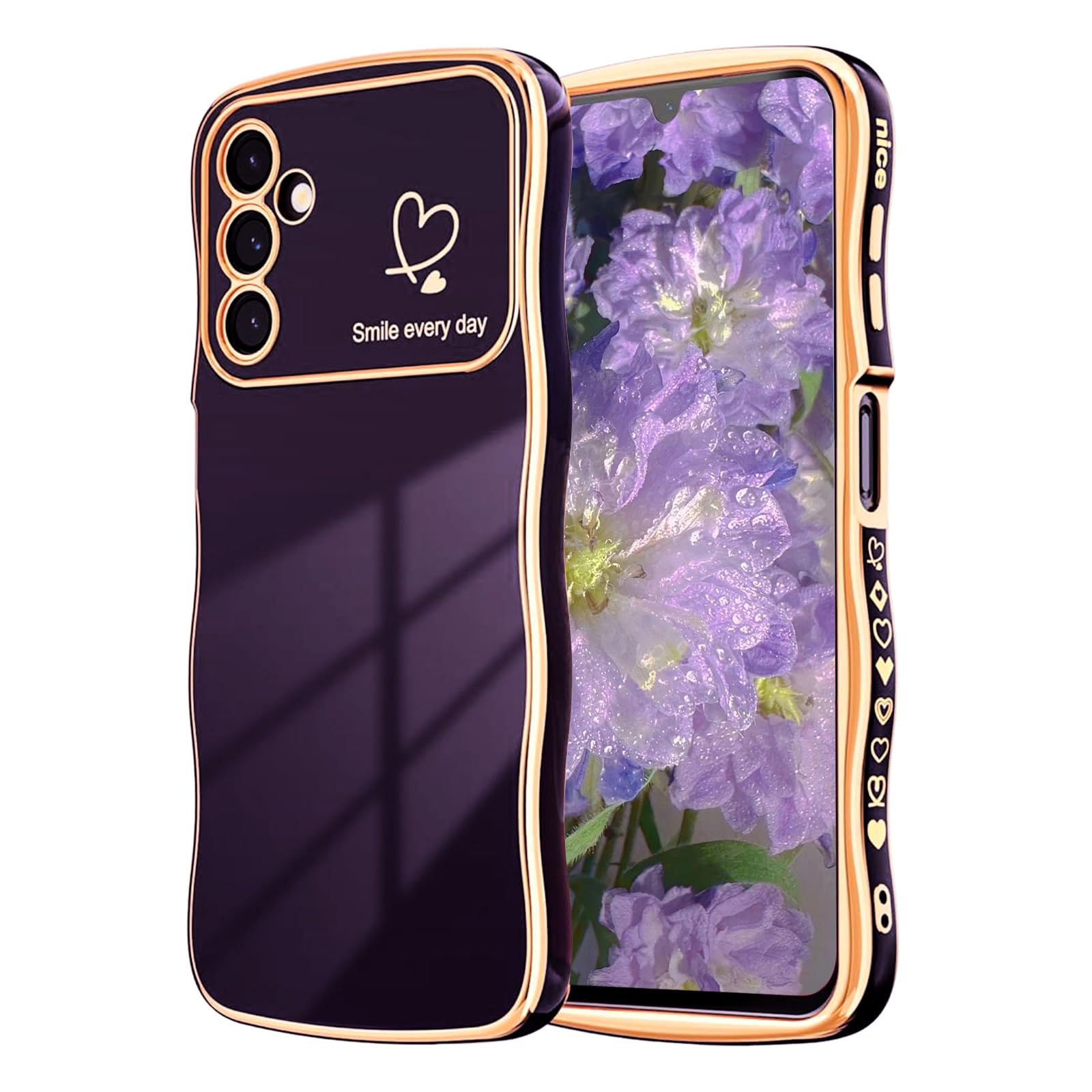 NITITOP Compatible with Samsung Galaxy A24 4G Case Cute Luxury Women Girls Men with Love Heart Electroplated Pattern Curly Wave Frame Raised Camera Shockproof Protection Cover-Dark Purple