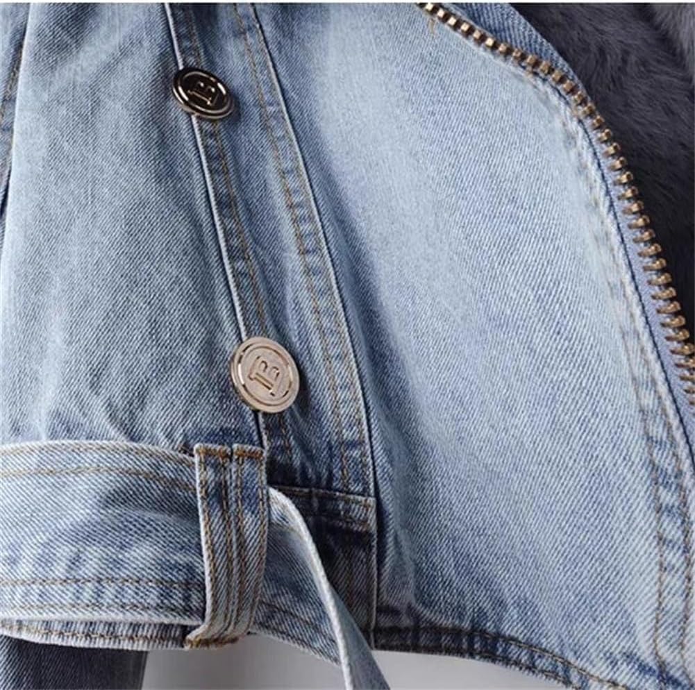 Chaqueta Vaquera con Cuello de Pelo cálido de Invierno para Mujer Chaqueta Corta de Felpa Gruesa con Forro elástico Chaqueta Holgada Desmontable de Invierno con Pelo Grueso