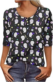 Halloween Womens Costumes Pumpkin Print Round Button Neck Tops Women's Fall 3/4 Sleeve Tops 2023 Casual Fashion Loose Tee Shirts Autumn Ladies Pullover Comfy Blouse Fashion Graphic Shirts