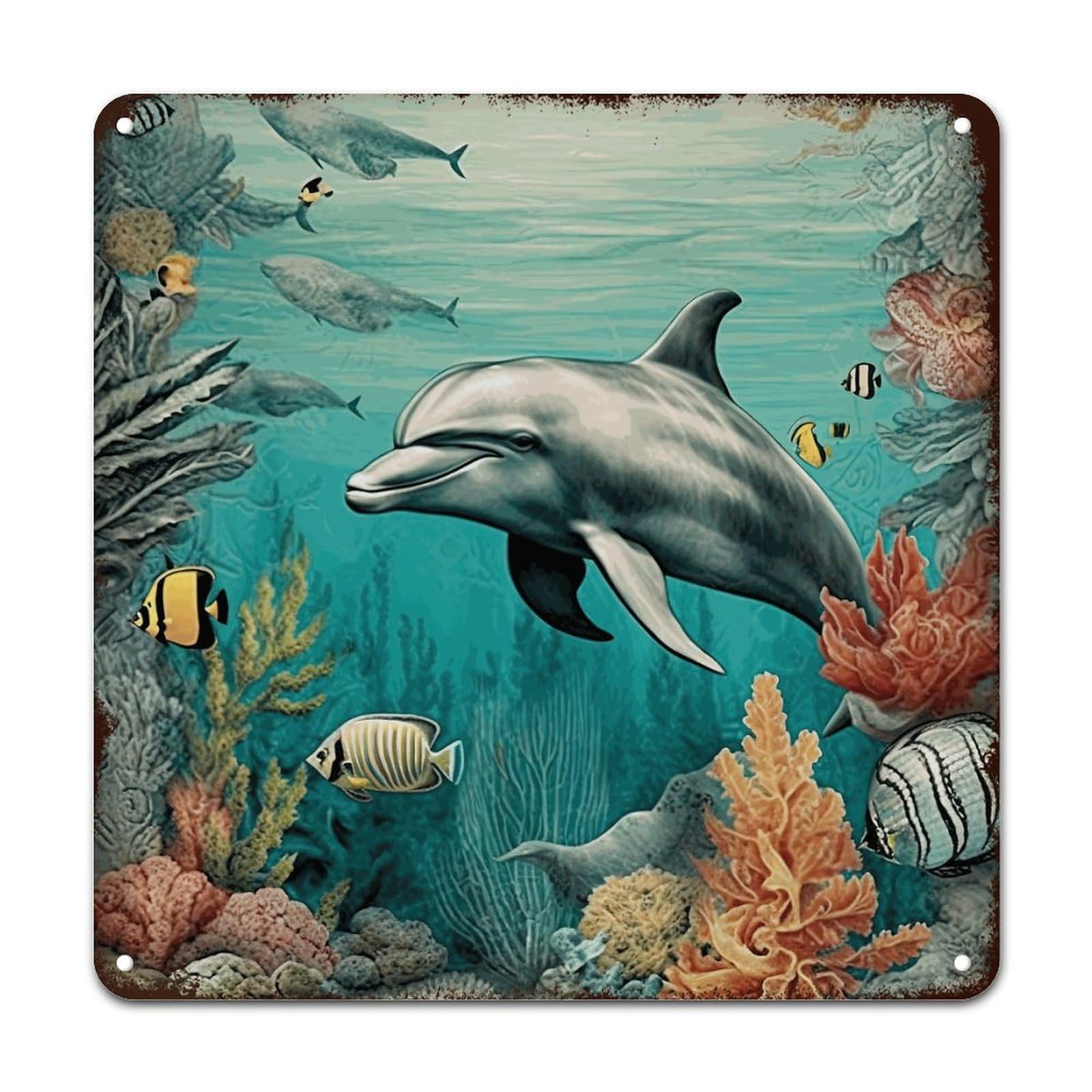 Woguangis A-9 Seabed World Vintage Dolphin Metal Wall Sign Nautical Coastal Ocean Animal Metal Plaque Sign Nautical Beach Retro Vintage Art Wall Plaque For Kid Room Living Room 12X12in