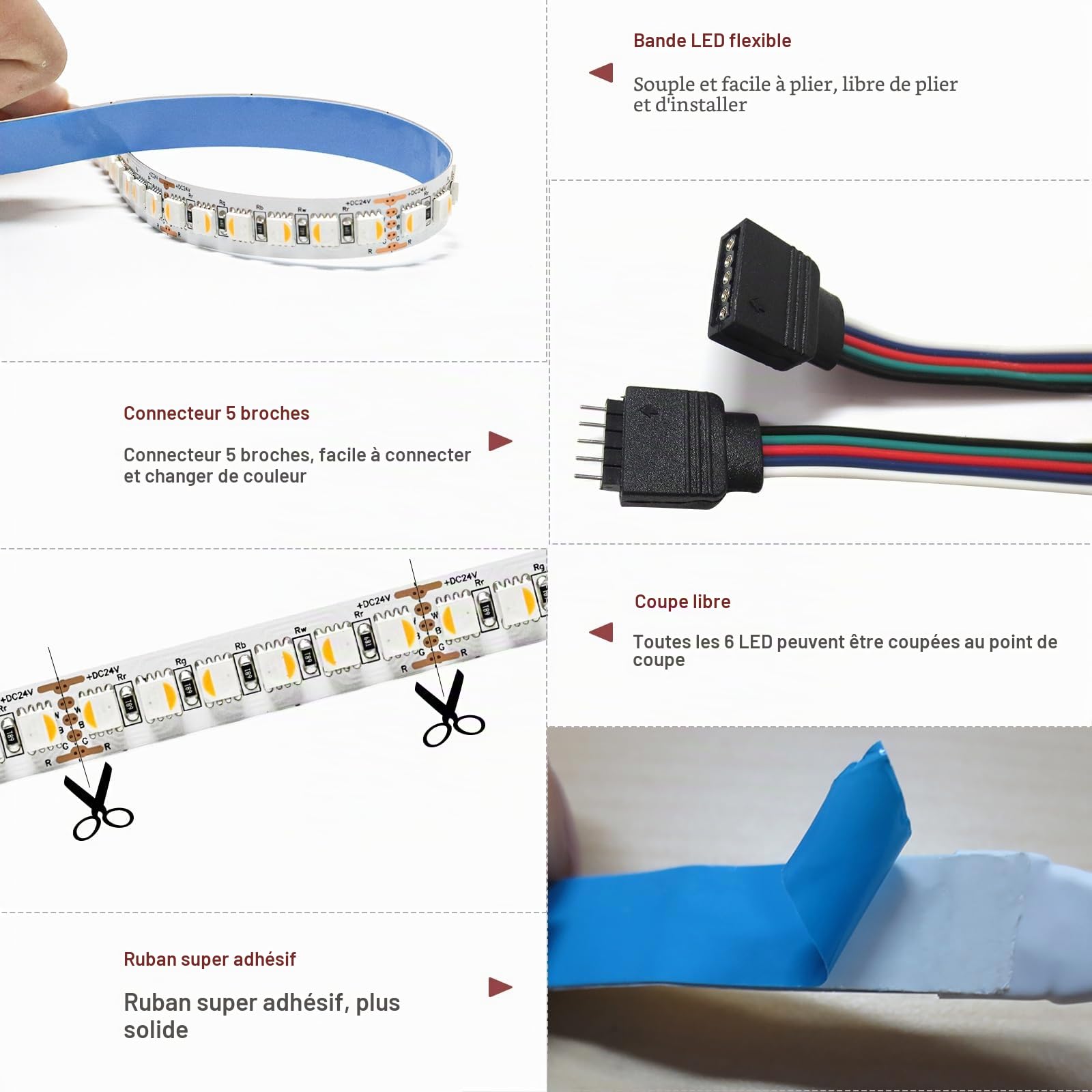 Ruban LED 24V, 4 en 1, RGBWW RGB + Blanc Chaud 3000K 600 LEDs 5M Couleurs Mélangées Bande SMD 5050 IP20 Bande Lumineuse pour Chambre, Décoration de Cuisine