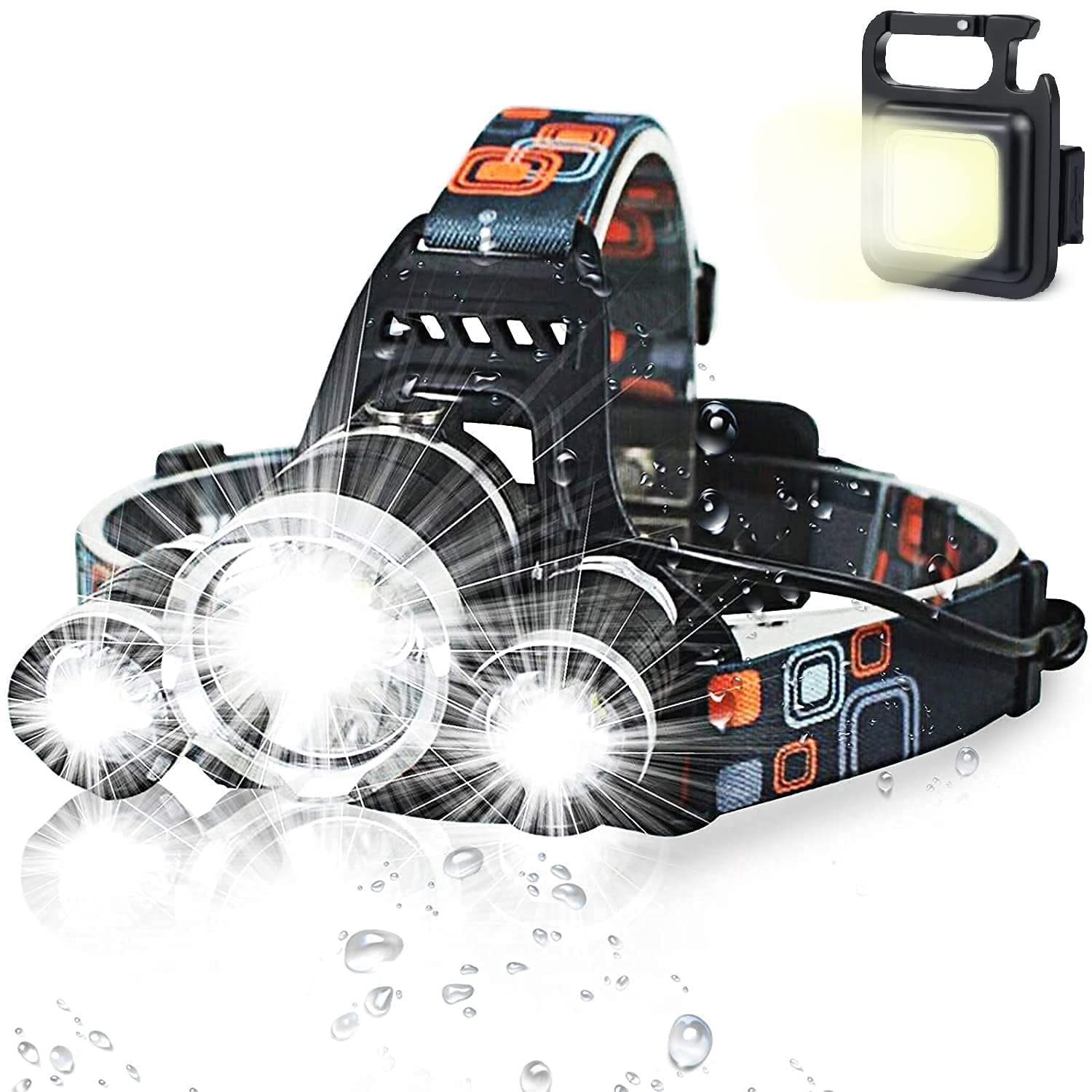 headlamp torch, usb rechargeable water resistance 12000 lumen ultra bright single led zoomable flashlight with keychain led light for trekking, camping (3 led headlamp + torch)