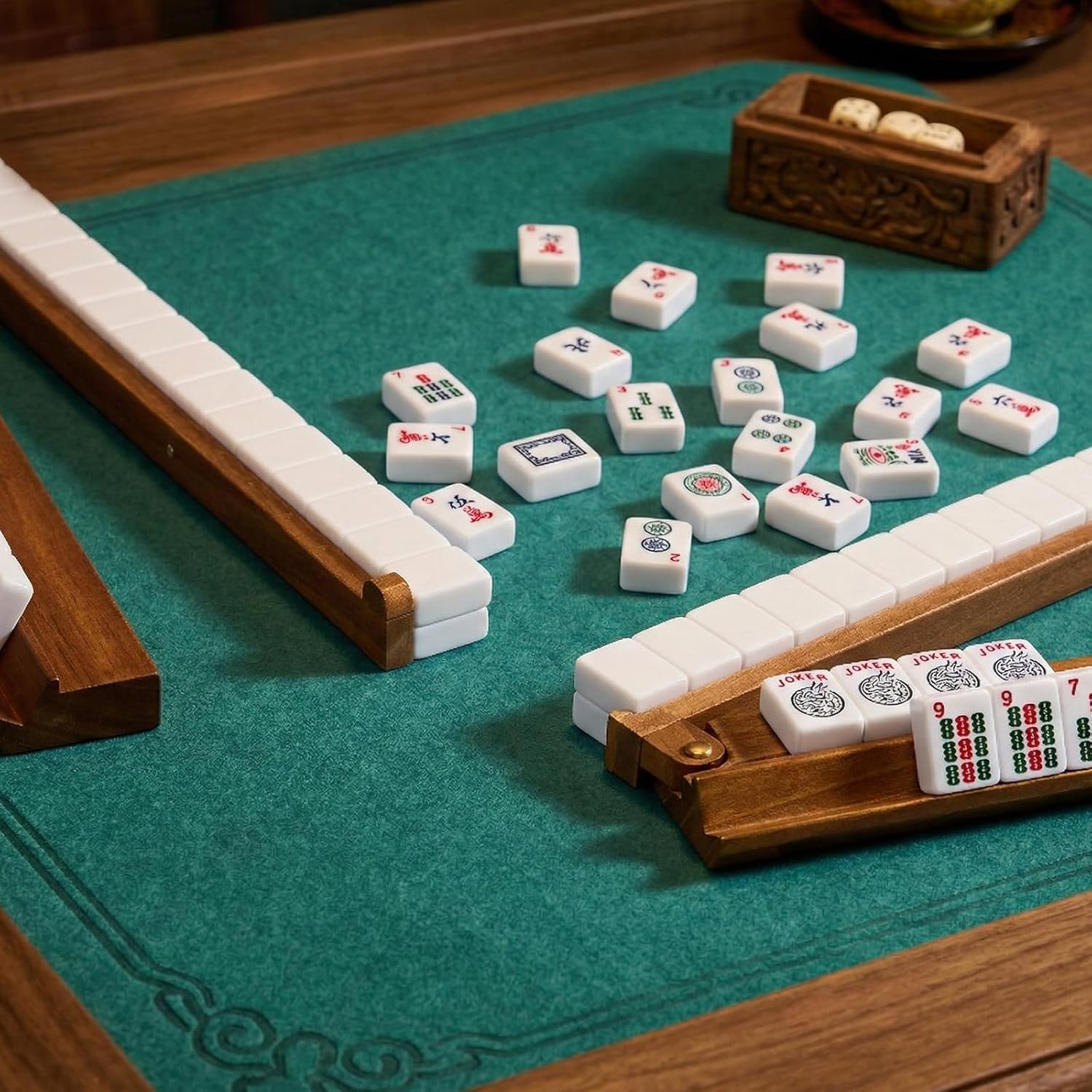 Wooden Mahjong Racks with Pushers Set of 4 – Premium Mahjong Tile Racks and Mahjong Pushers Combo, Essential Mahjong Accessories for American Mah Jongg/Dominoes - 17.5 Inches (Burnt Color)