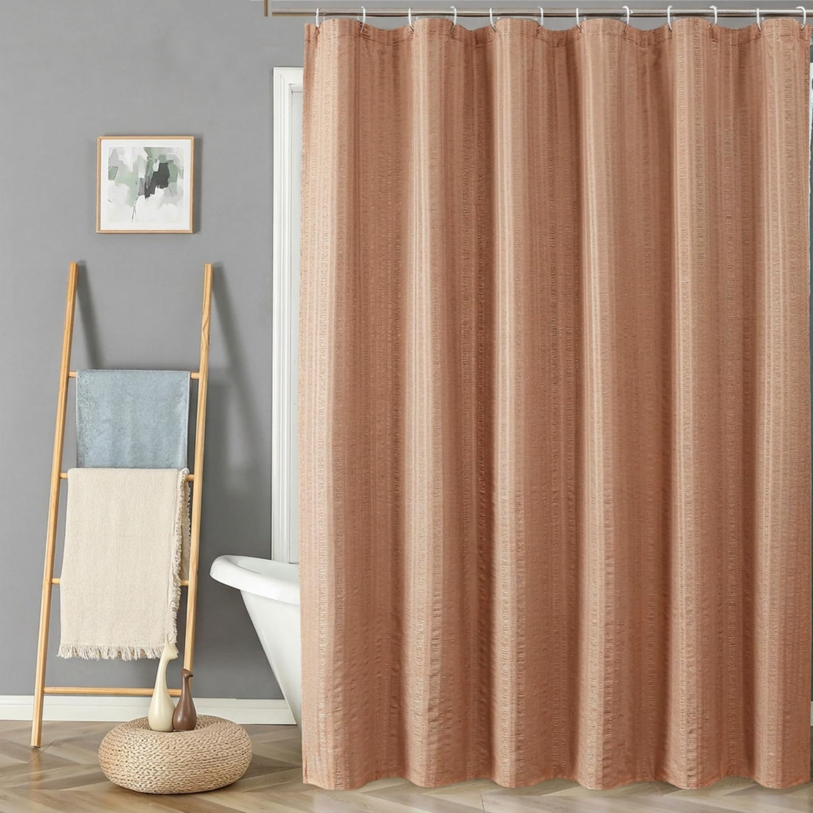 Aiyufeng Moga Extra Long Coral Shower Curtain 96 Inch Long, Embossed Texture Fabric Bathroom Shower Curtain, Large Hotel Bath Curtain with 12 Holes, 72Wx96H, Coral