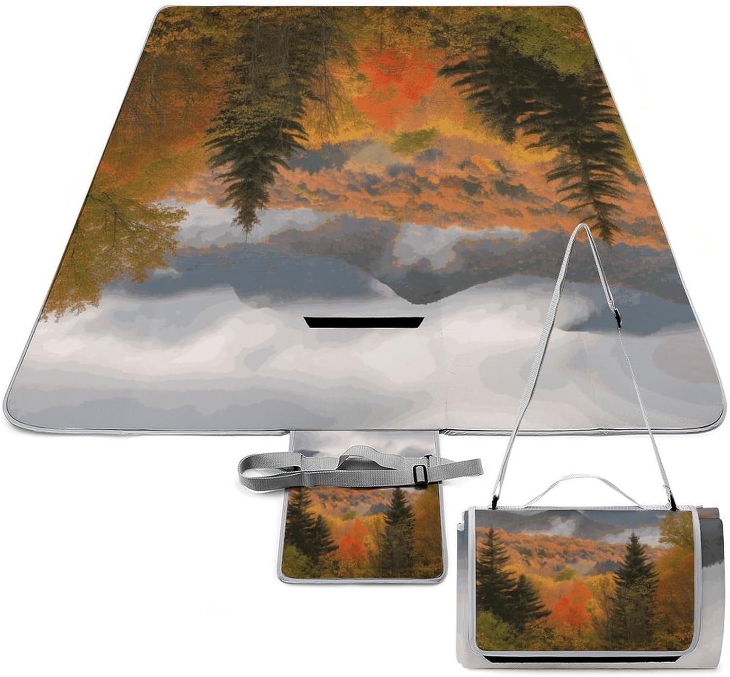 Autumn Foliage Mountains Waterproof Picnic Blanket 58.3''x58.3'',Portable and Foldable Picnic Mat with Handle,Outdoor Blankets for Lawn Park Beach Travel