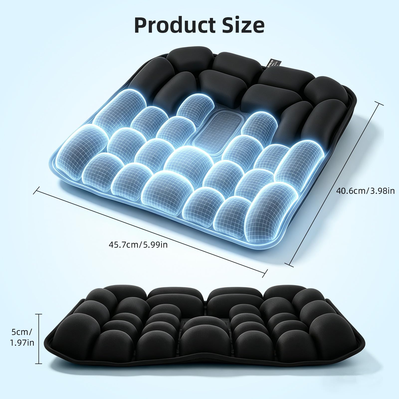 45 x 40 cm, cojín de asiento antidecúbito, ortopédico ergonómico, cojín de asiento ergonómico con células de aire 3D, cojín inflable para coche, oficina, hogar, silla negro
