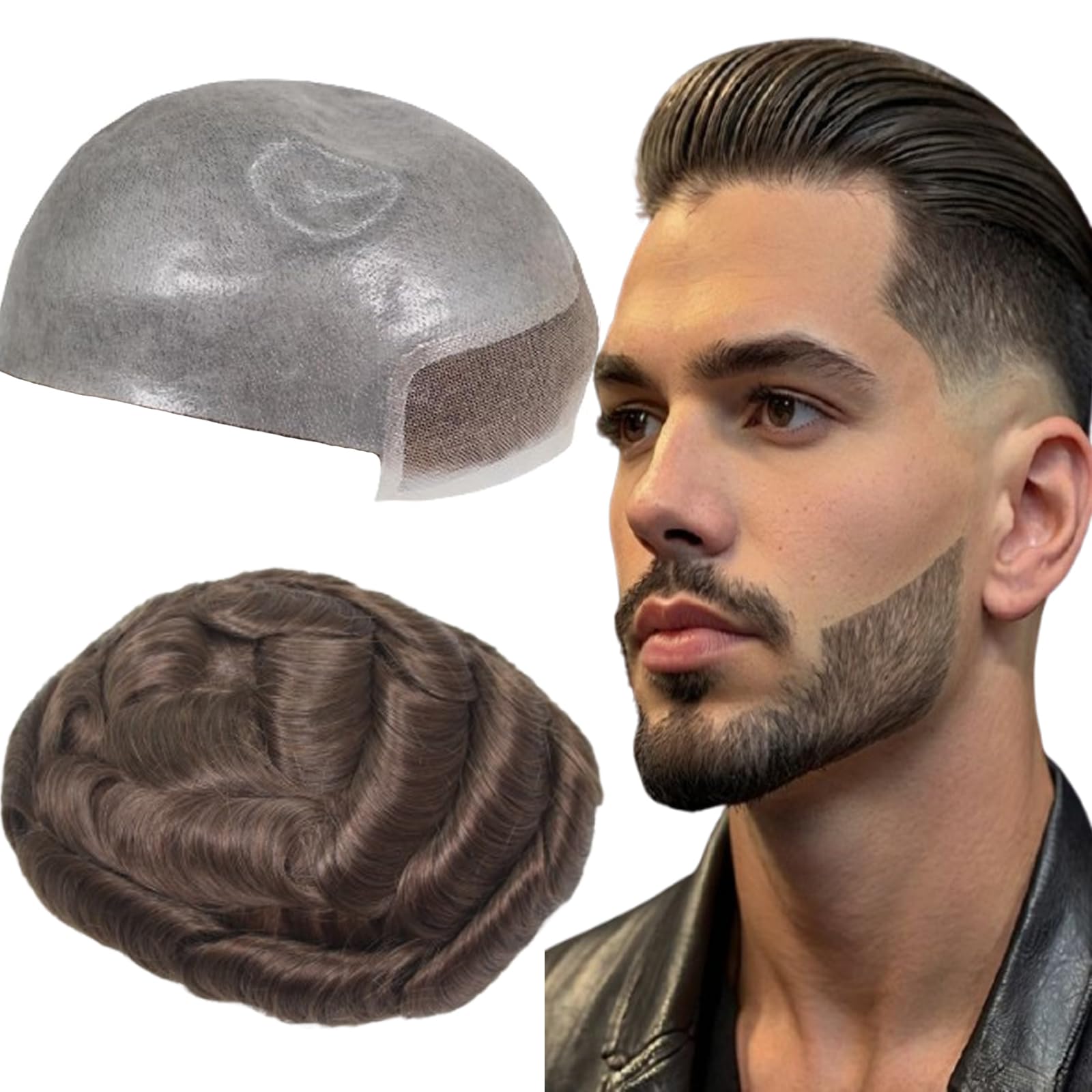 Men’s Toupee Lace Front 0.06mm PU Base Hairpiece Human Hair Replacement System Man Wigs 10x8INCH 4# Medium Brown Color