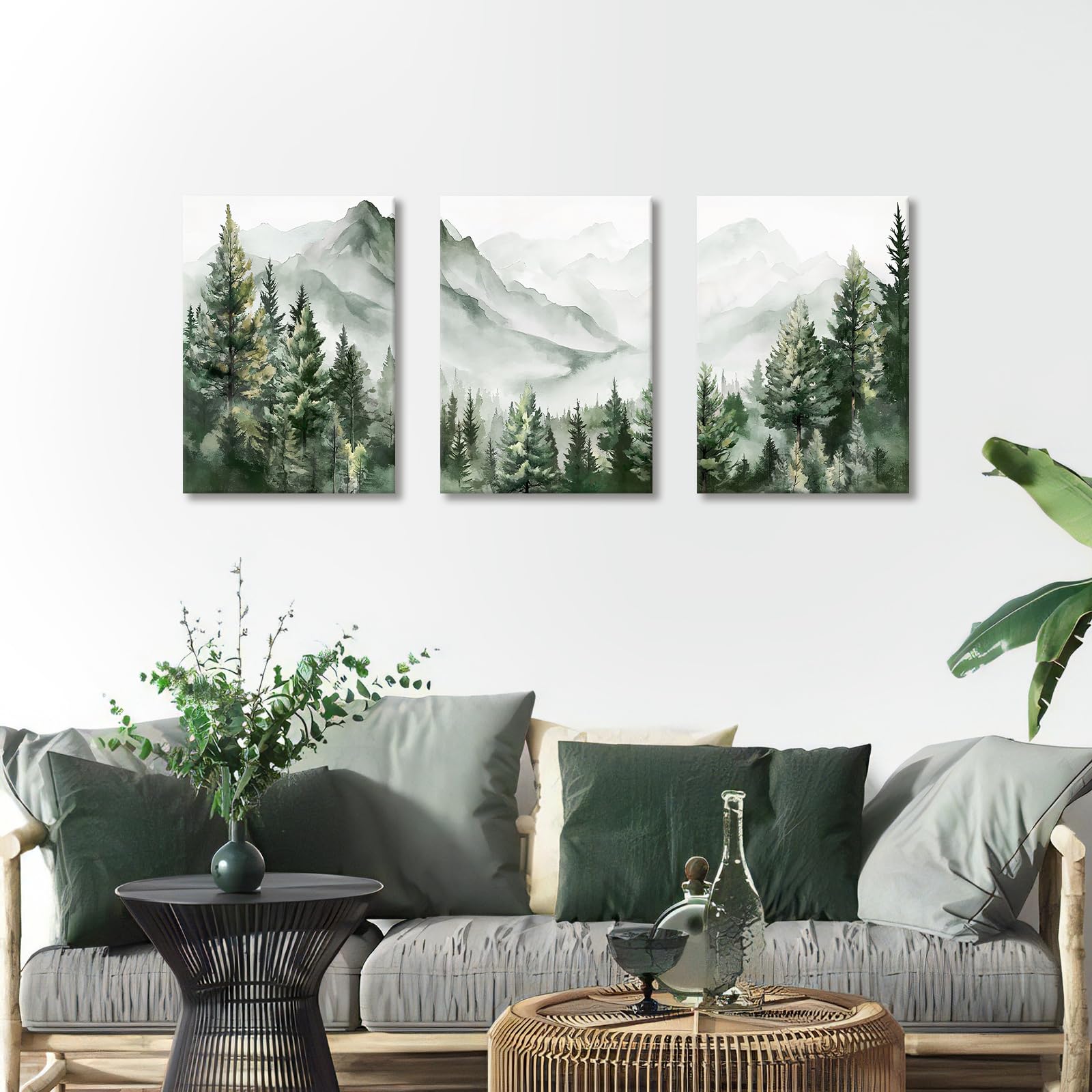 3 Pcs Wooden Framed Canvas Wall Art Set Bohemian Sage Green Canvas Prints Poster Geometric Line Beige Green Pictures for Living Room Bedroom Dinning Room Hallway Stairs Wall Decor 30x40cm x3pcs — view 343
