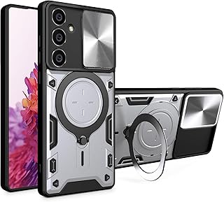 FASCINATION phone case compatible with Samsung Galaxy S21 FE with texture sliding camshield Hard Shockproof Heavy Duty CD ring Case for Samsung Galaxy S21 FE (Silver)
