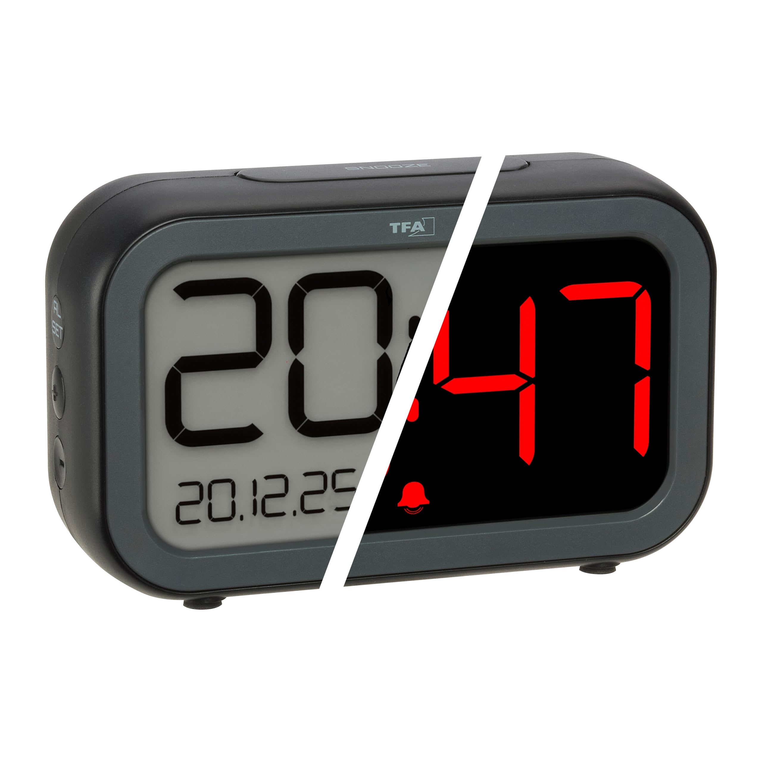 TFA Dostmann Bingo Hybrid 60.2048 - Despertador digital híbrido con pantalla LCD/LED, con indicador híbrido, batería integrada y cable USB-C, cambio automático, fecha, repetición, color negro